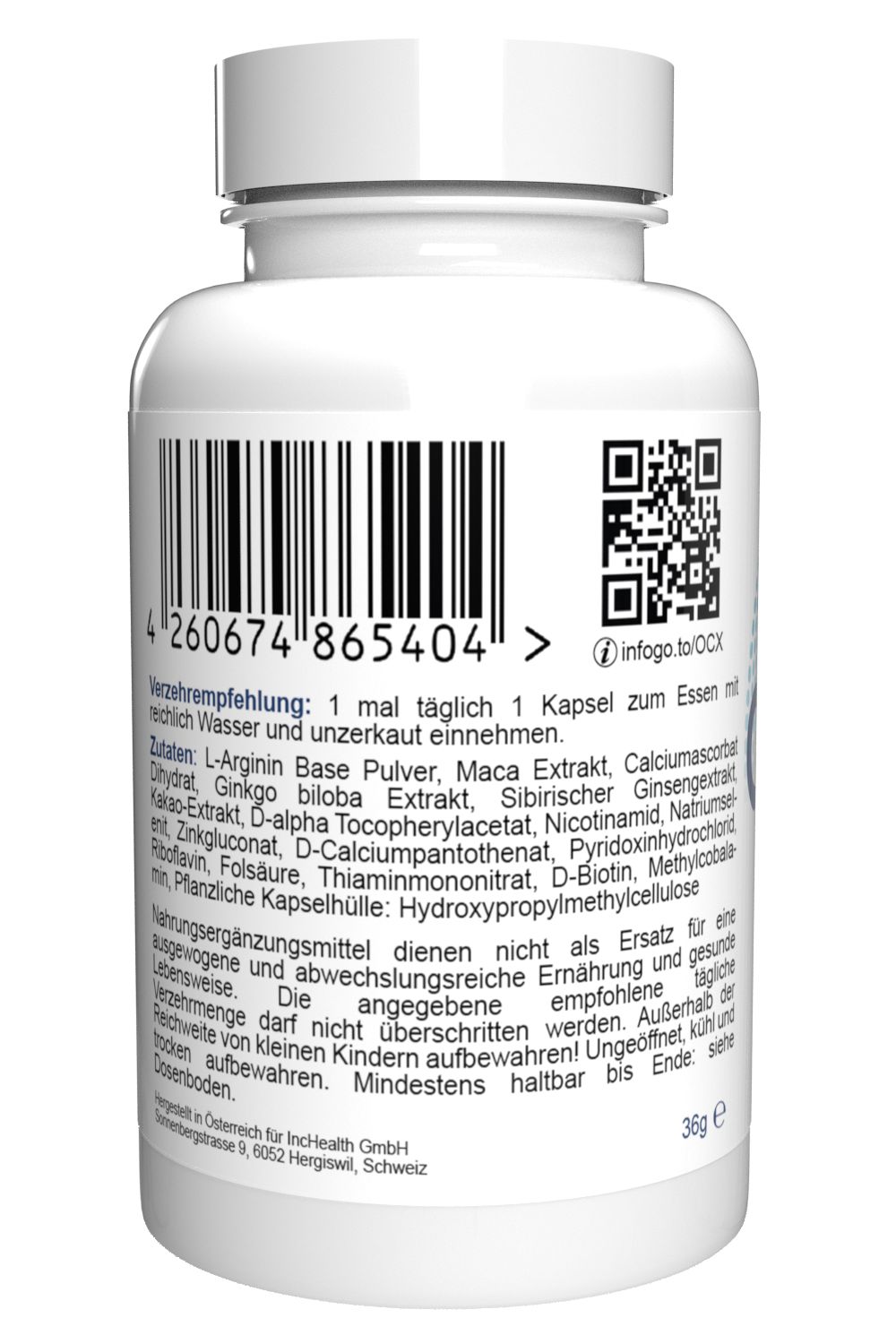 Retro del flacone bianco Oculax. Codice a barre, codice QR e testo. Contiene ingredienti e informazioni nutrizionali.