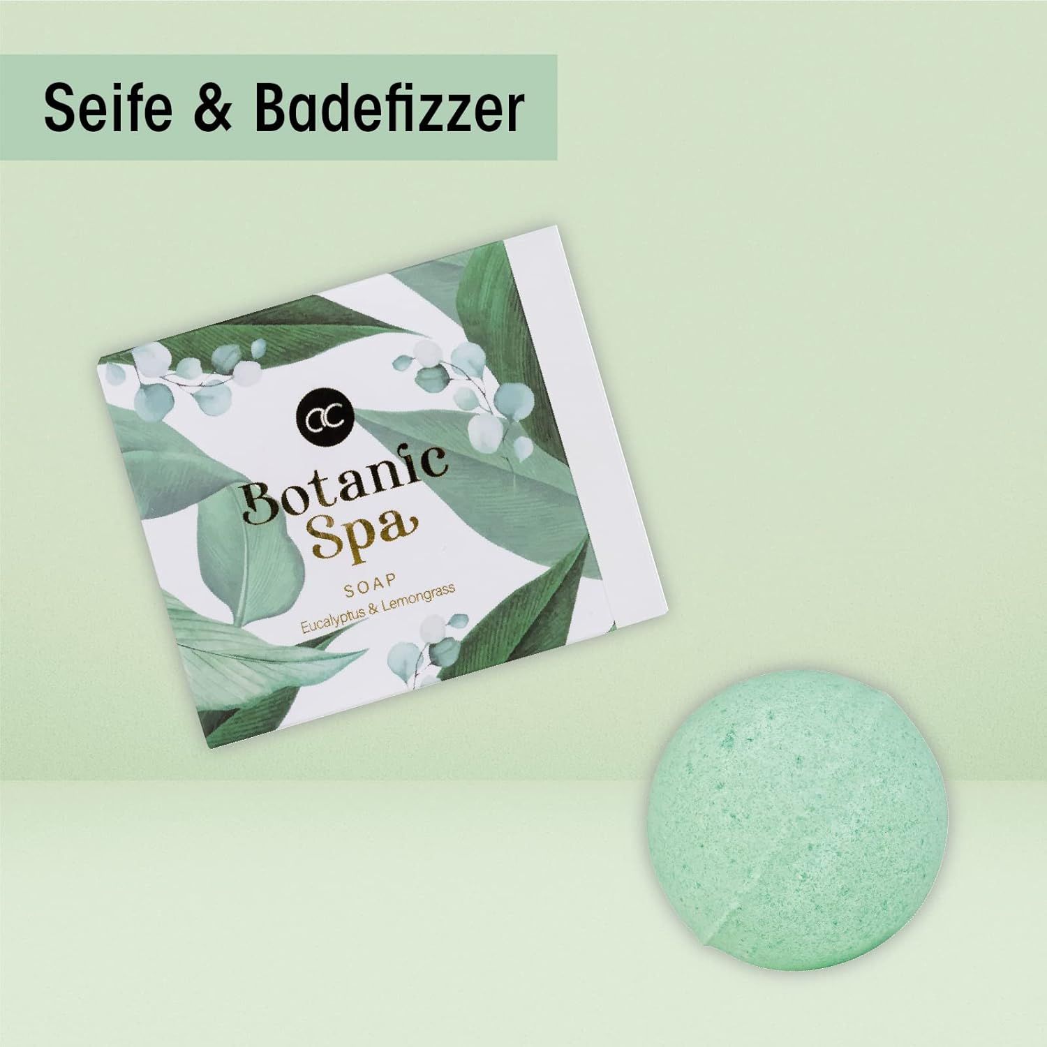 Sapone e bomba da bagno con logo Botanic Spa e design eucalipto. Accanto, bomba da bagno.