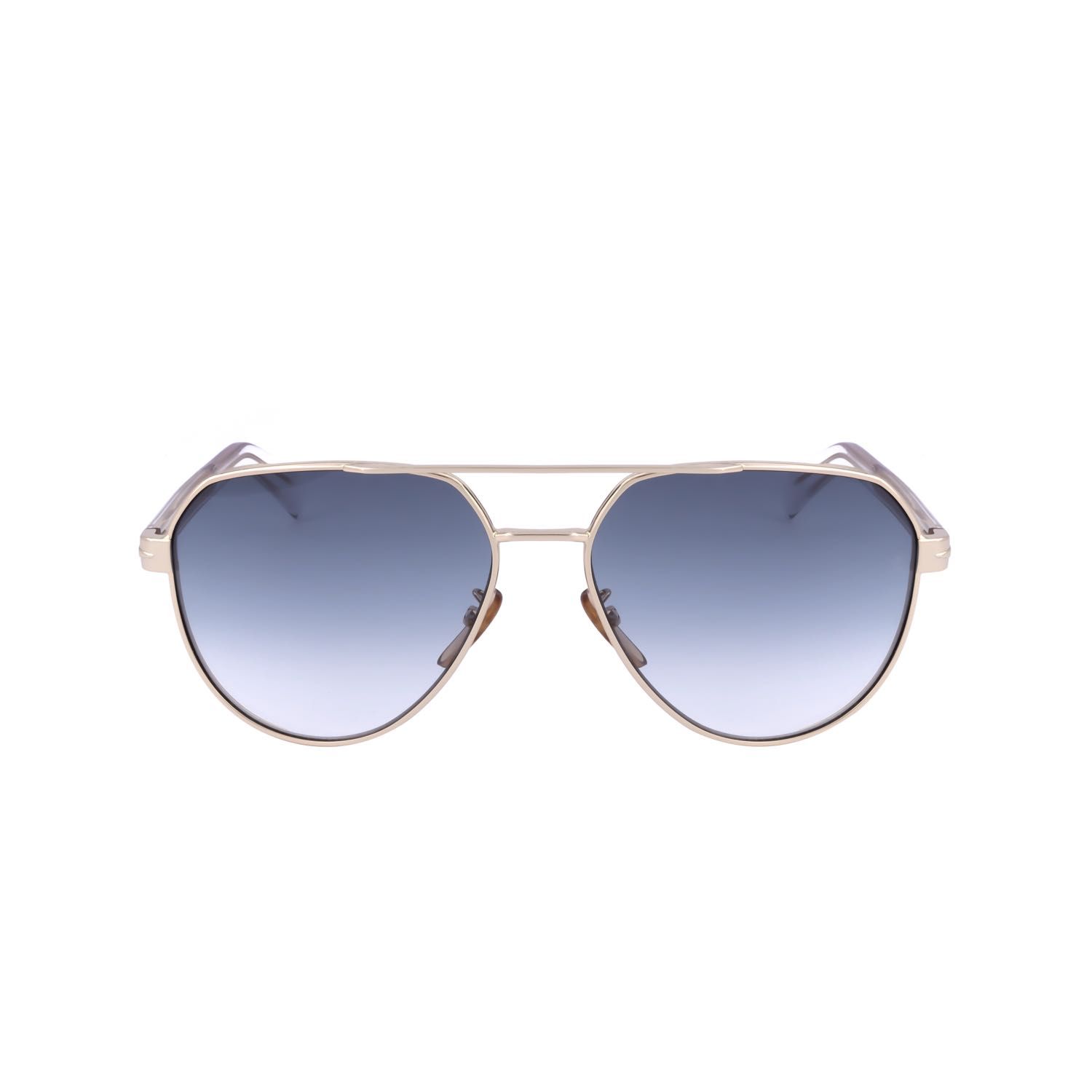 Occhiali da sole a goccia con montatura dorata e lenti sfumate blu.