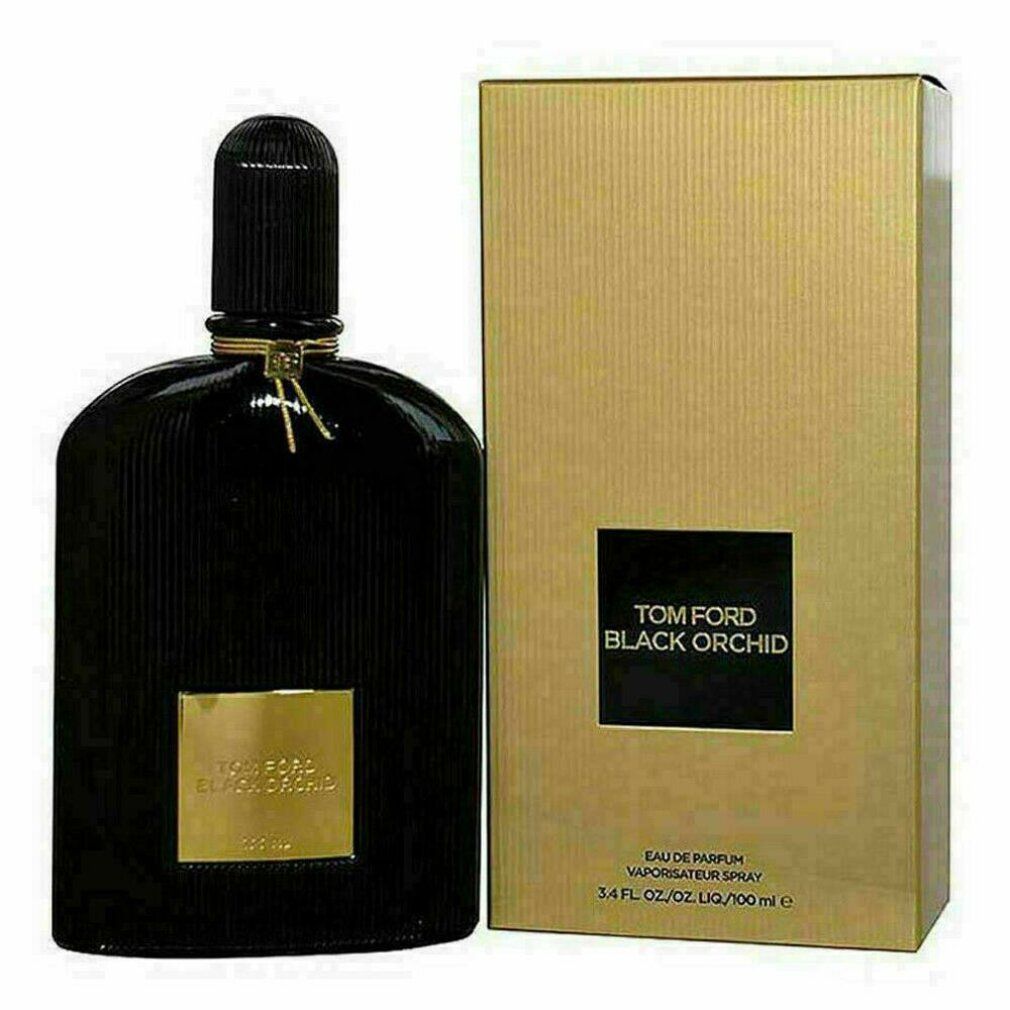 Flacone nero con etichetta dorata e tappo nero. Confezione dorata con logo nero. Testo: Tom Ford Black Orchid.