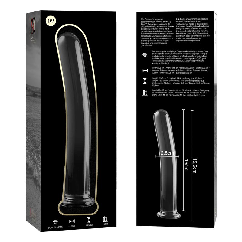 Confezione e dildo in vetro borosilicato, modello 9. Fronte: scatola nera con immagine prodotto. Retro: informazioni prodotto e dimensioni.