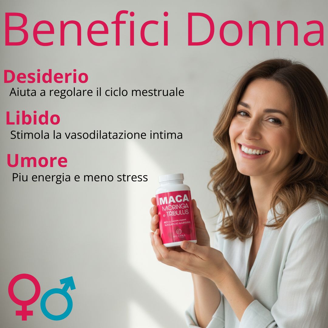 Donna tiene in mano un flacone di integratore. Scritta: Maca, Moringa, Tribulus. Testo: Benefici Donna. Logo Pharma Integratori. Simboli rosa e blu.