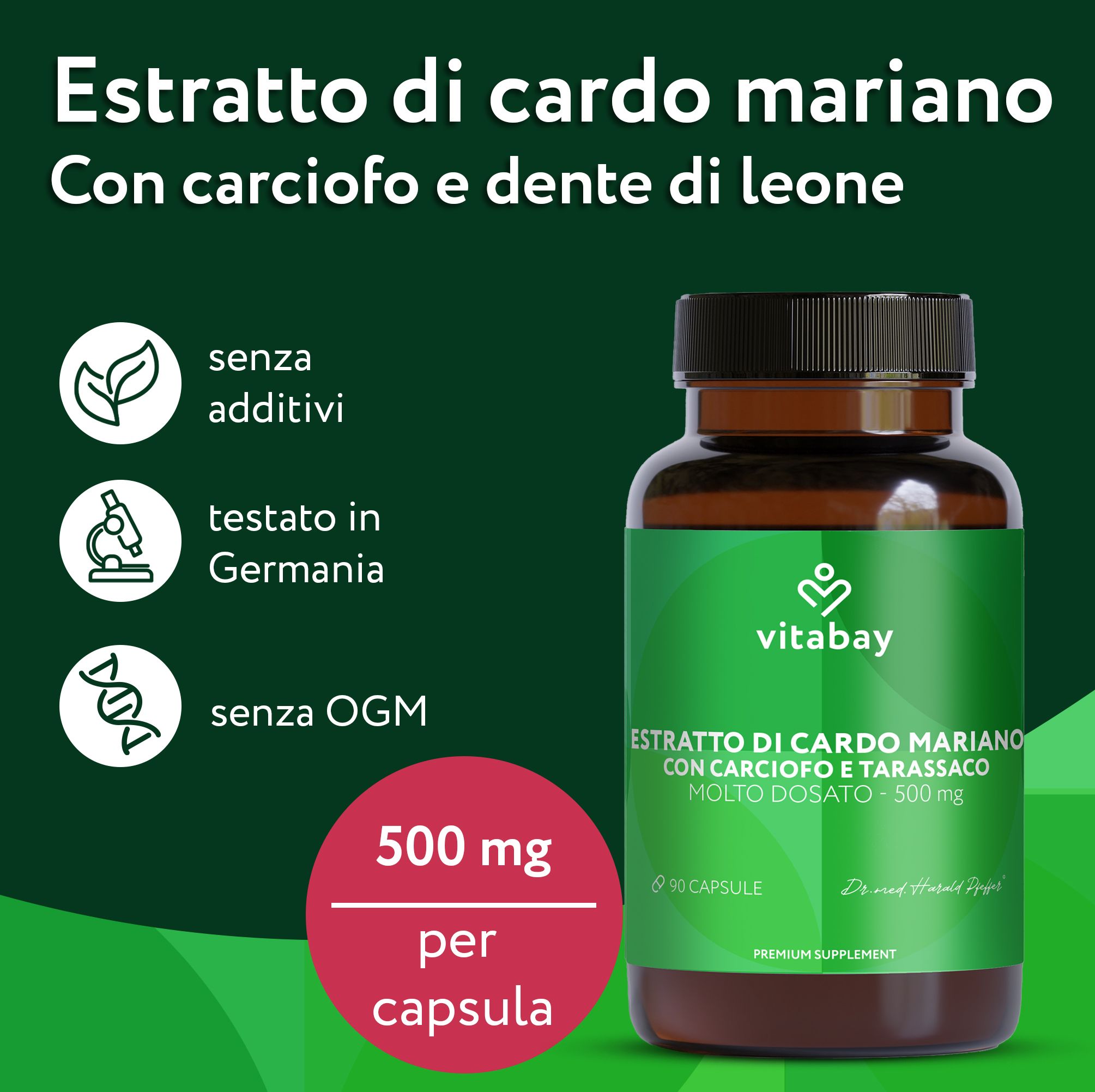 Flacone marrone con capsule. Testo: Estratto di cardo mariano. Logo Vitabay. 500 mg per capsula.