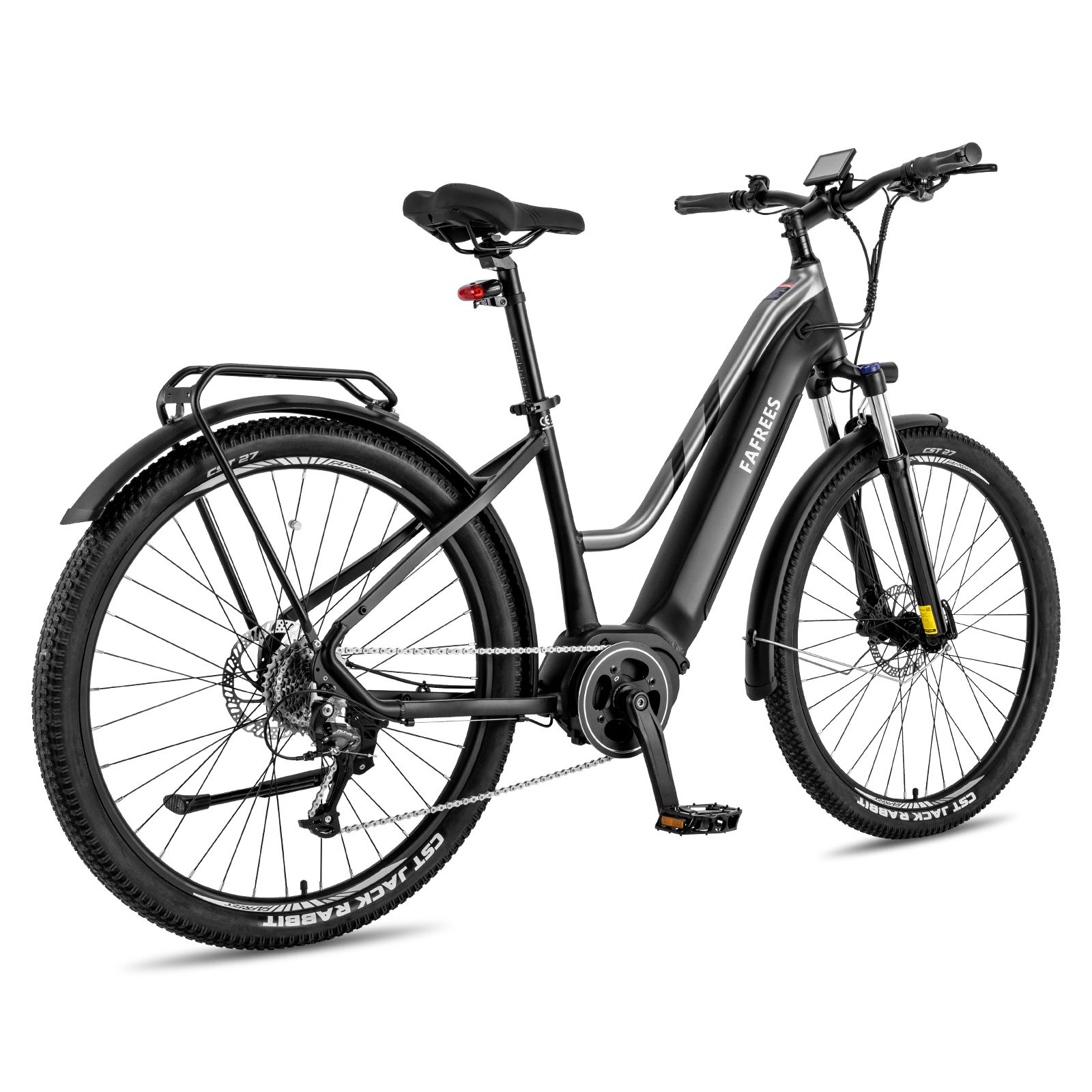 E-bike nera con motore centrale. Logo FAFREES sul telaio. Portapacchi, parafanghi e pneumatici neri.