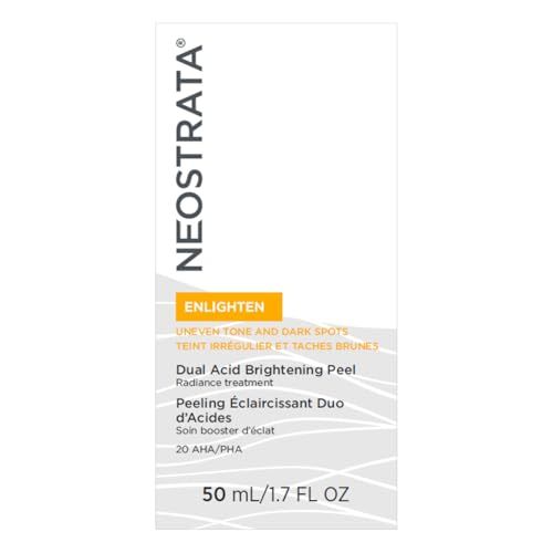 Confezione bianca con informazioni sul prodotto. Testo: "NEOSTRATA", "ENLIGHTEN", "Dual Acid Brightening Peel", e "50 ml".