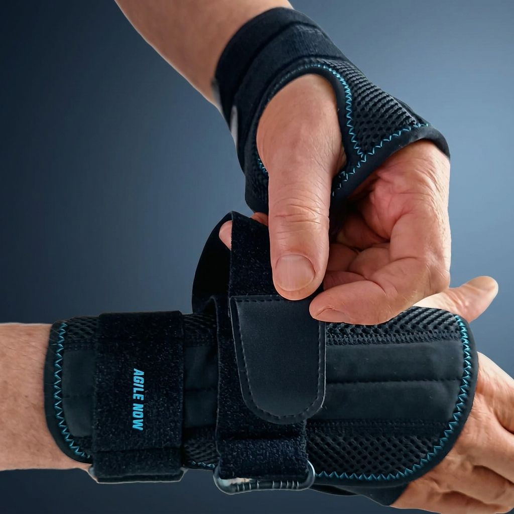 Tutore per polso nero. Chiusure in velcro. Persona che tiene il tutore al polso. Testo: AGILE NOW.