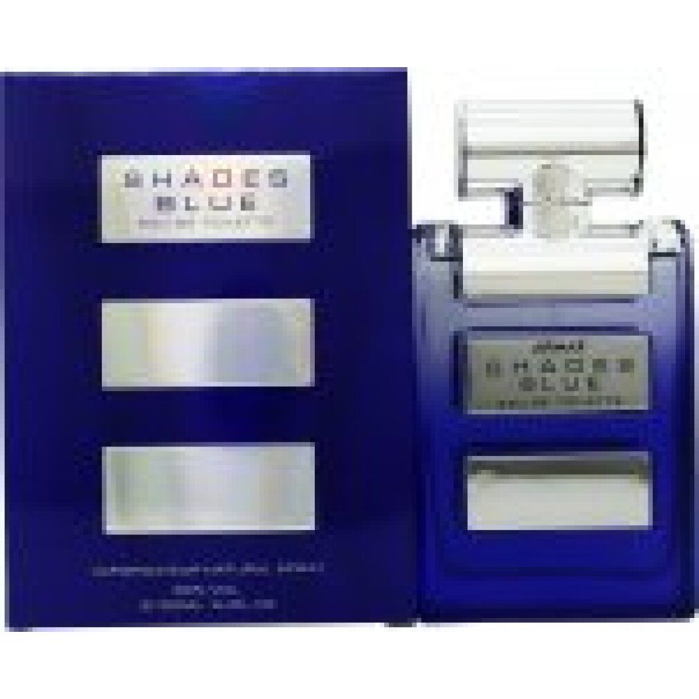 Spray Eau de Toilette blu con confezione. Scritta: SHADES BLUE, EAU DE TOILETTE. Flacone e confezione blu.