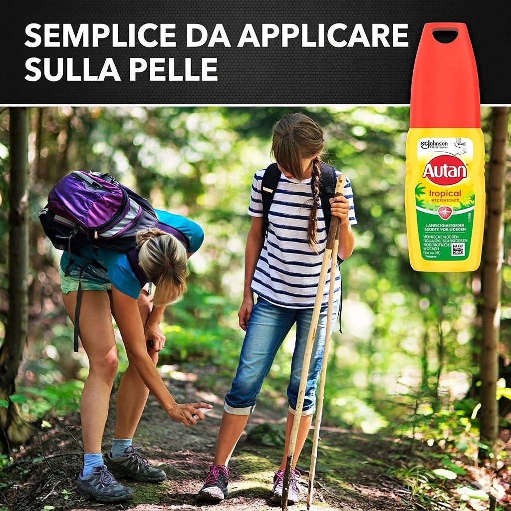 Autan Tropical. Due ragazze nel bosco. Testo: Facile da applicare sulla pelle. Bottiglia gialla con tappo rosso.