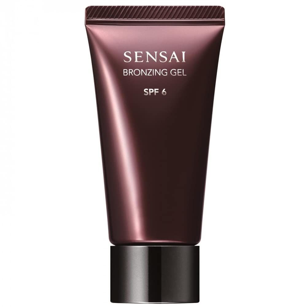 Tubo di gel abbronzante. Tubo marrone scuro con tappo nero. Scritta: SENSAI, BRONZING GEL, SPF 6.