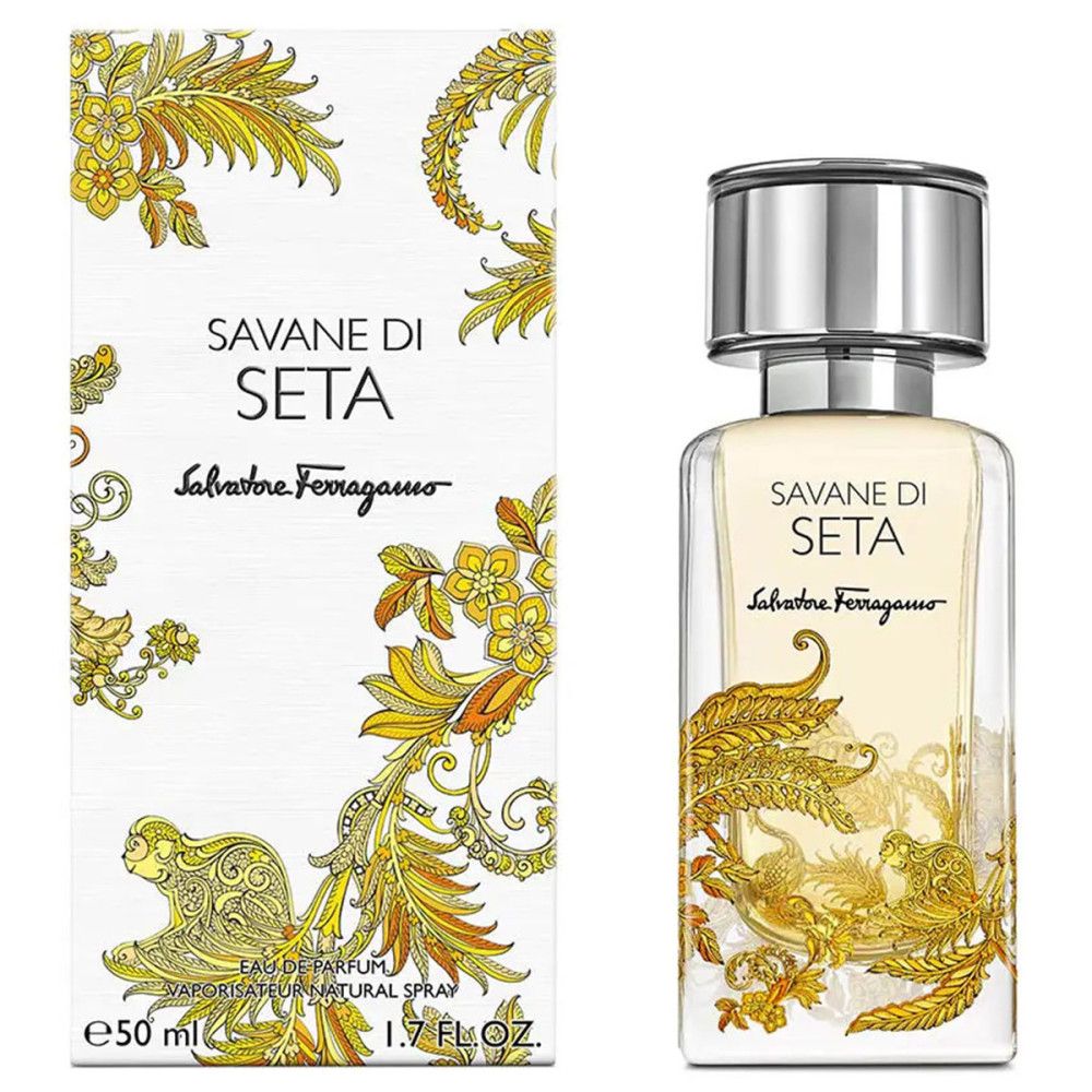 Flacone e confezione di profumo. Scritta: Savane Di Seta, Salvatore Ferragamo. Ornamenti dorati. 50 ml.
