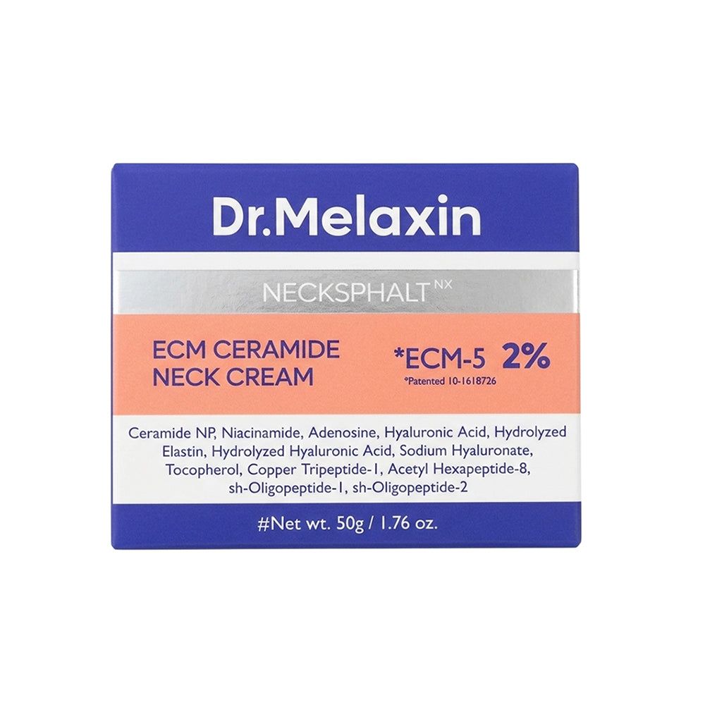 Vasetto di Dr. Melaxin Necksphalt ECM Ceramide Neck Cream con etichetta che elenca gli ingredienti.