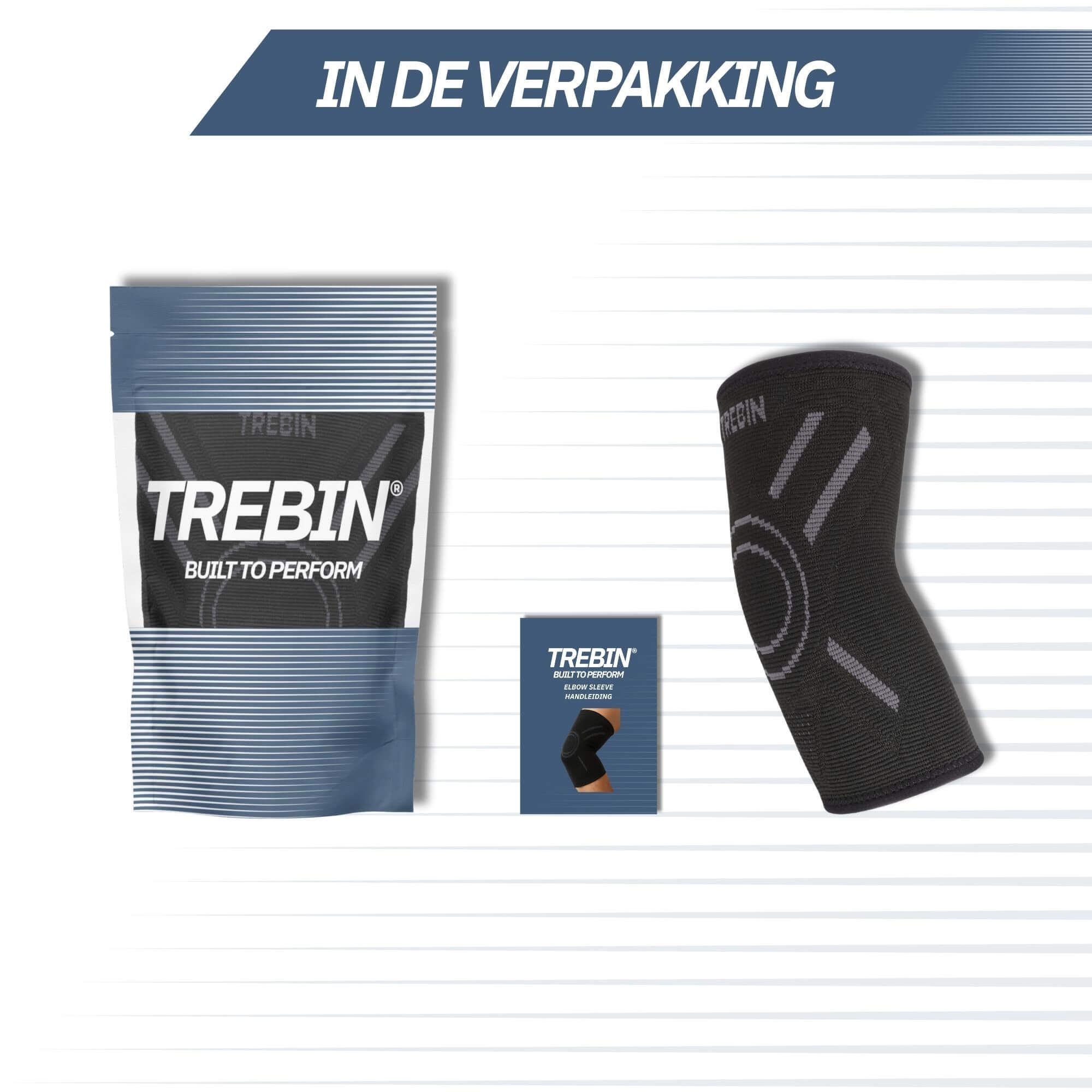 Contenuto della confezione: un tutore da gomito nero, una scatolina e una busta con logo 'TREBIN'.