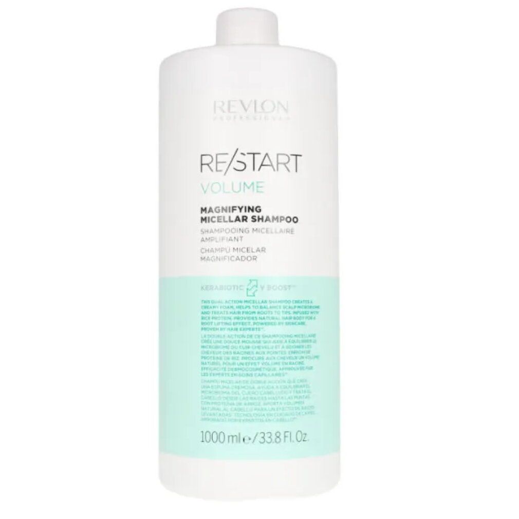 Flacone bianco di shampoo. Scritta: Revlon Re-Start Volume Magnifying Micellar Shampoo. 1000 ml.