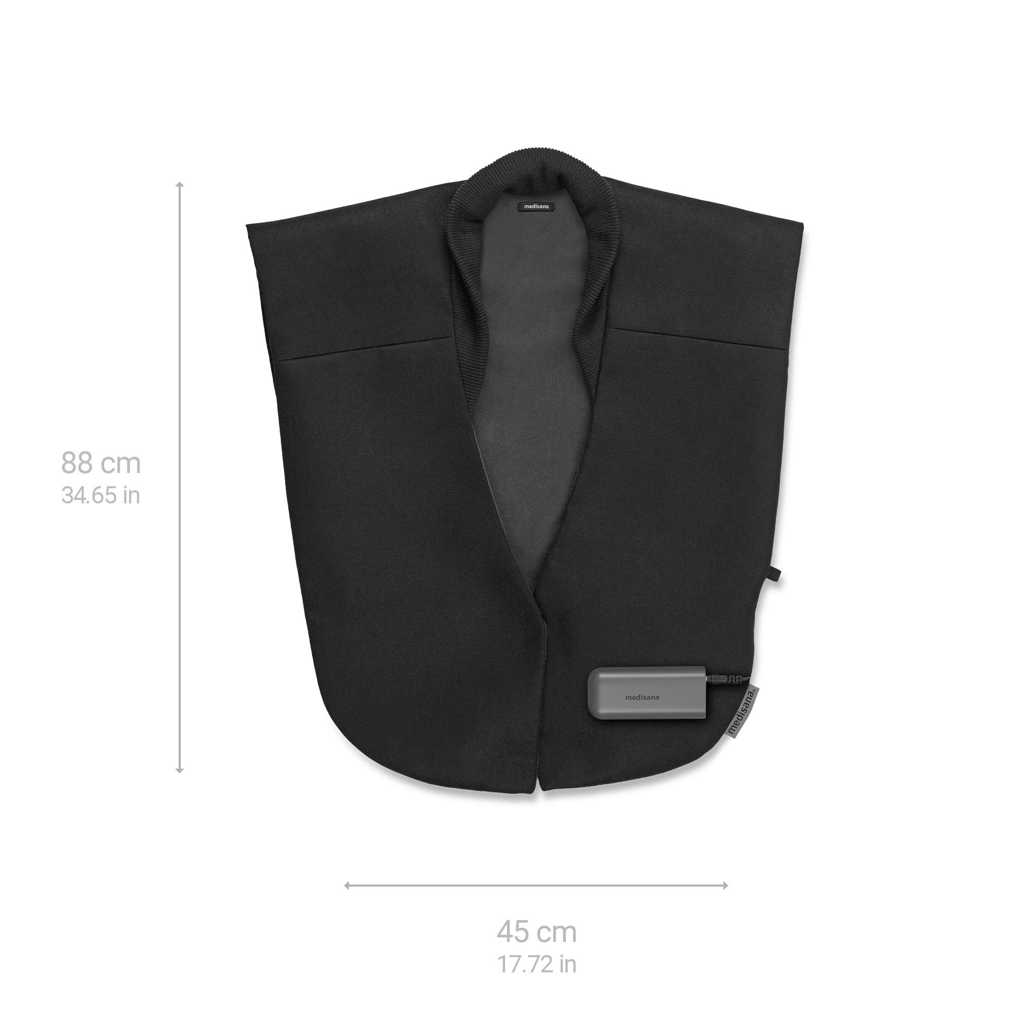 Sciarpa termica nera, lunga 88 cm e larga 45 cm, con unità di controllo rimovibile.