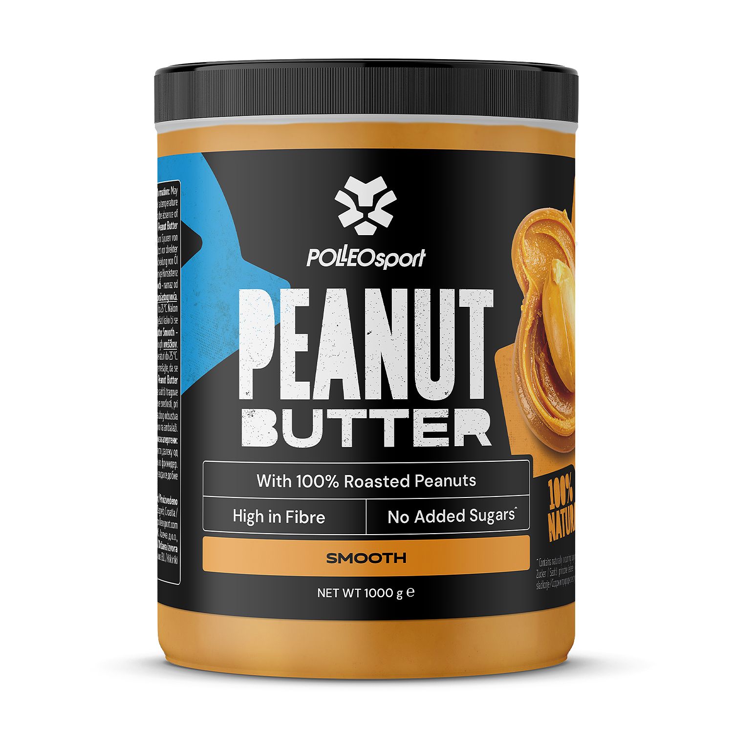 Barattolo di burro di arachidi con coperchio nero. Scritte: Polleo Sport, Peanut Butter. Contiene informazioni nutrizionali e 100% arachidi tostate.