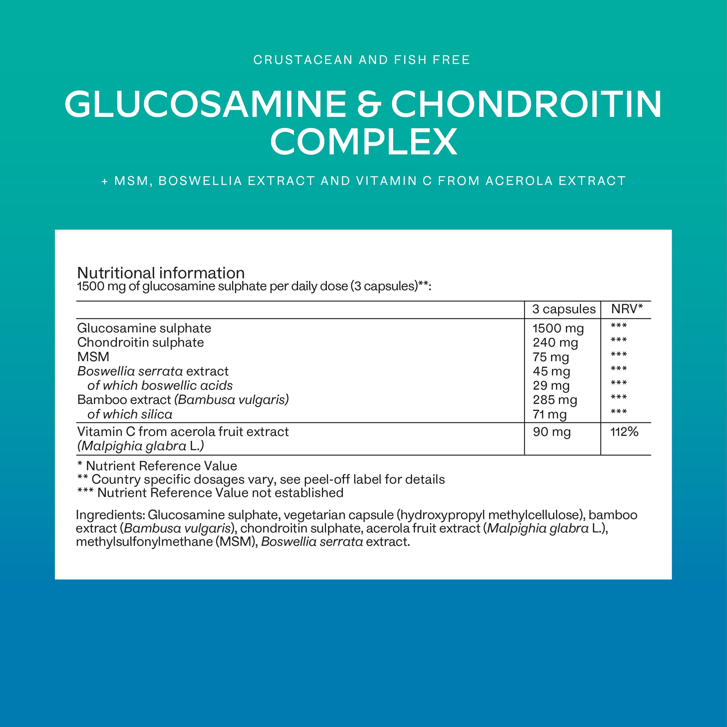 Primo piano delle informazioni nutrizionali sulla confezione delle capsule Aavalabs Glucosamina & Condroitina Complex.