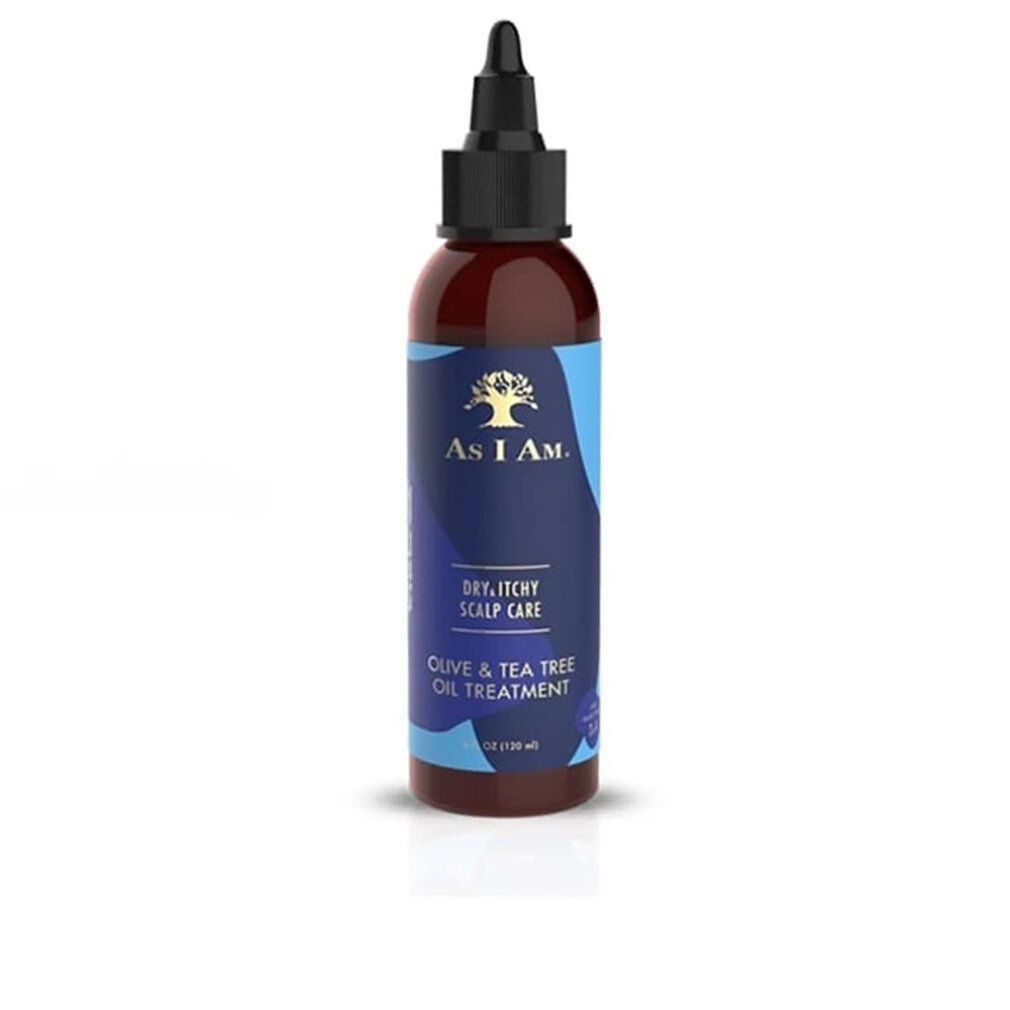 Flacone marrone con applicatore nero. Etichetta con logo e testo: Dry, Itchy Scalp Care, Olive & Tea Tree Oil Treatment.