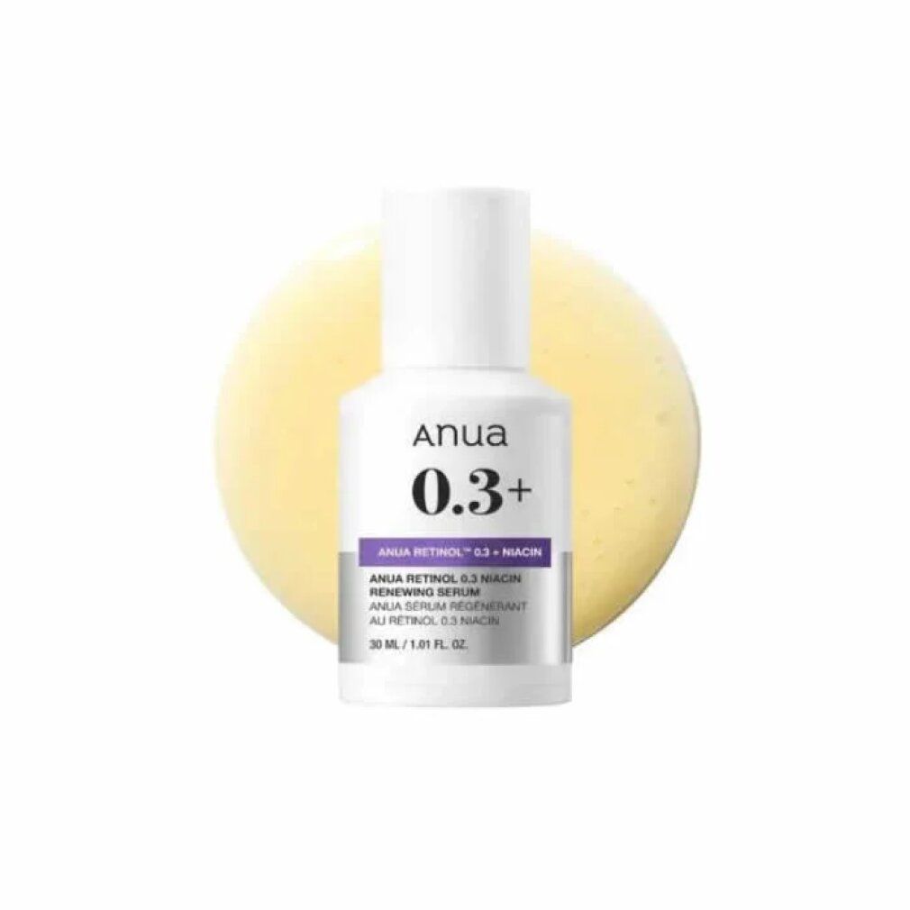 Flacone ANUA Nano Retinol 0.3% + Niacin Serum davanti a un cerchio giallo.