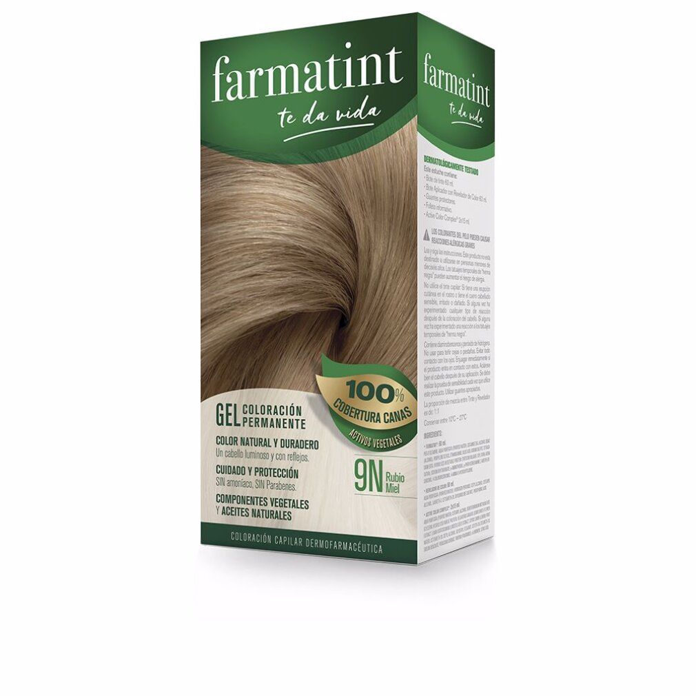 Confezione Farmatint 9N Rubio Miel con accessori. Include flaconi, bustine e istruzioni. Scritto: 9N.