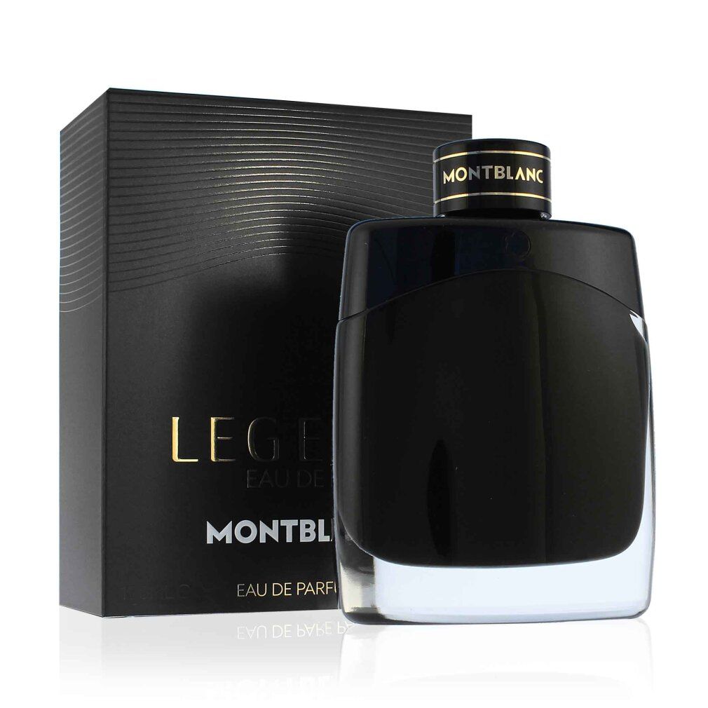 Flacone e confezione neri. Marchio MONTBLANC. Scritta LEGEND EAU DE PARFUM. Scritta dorata.