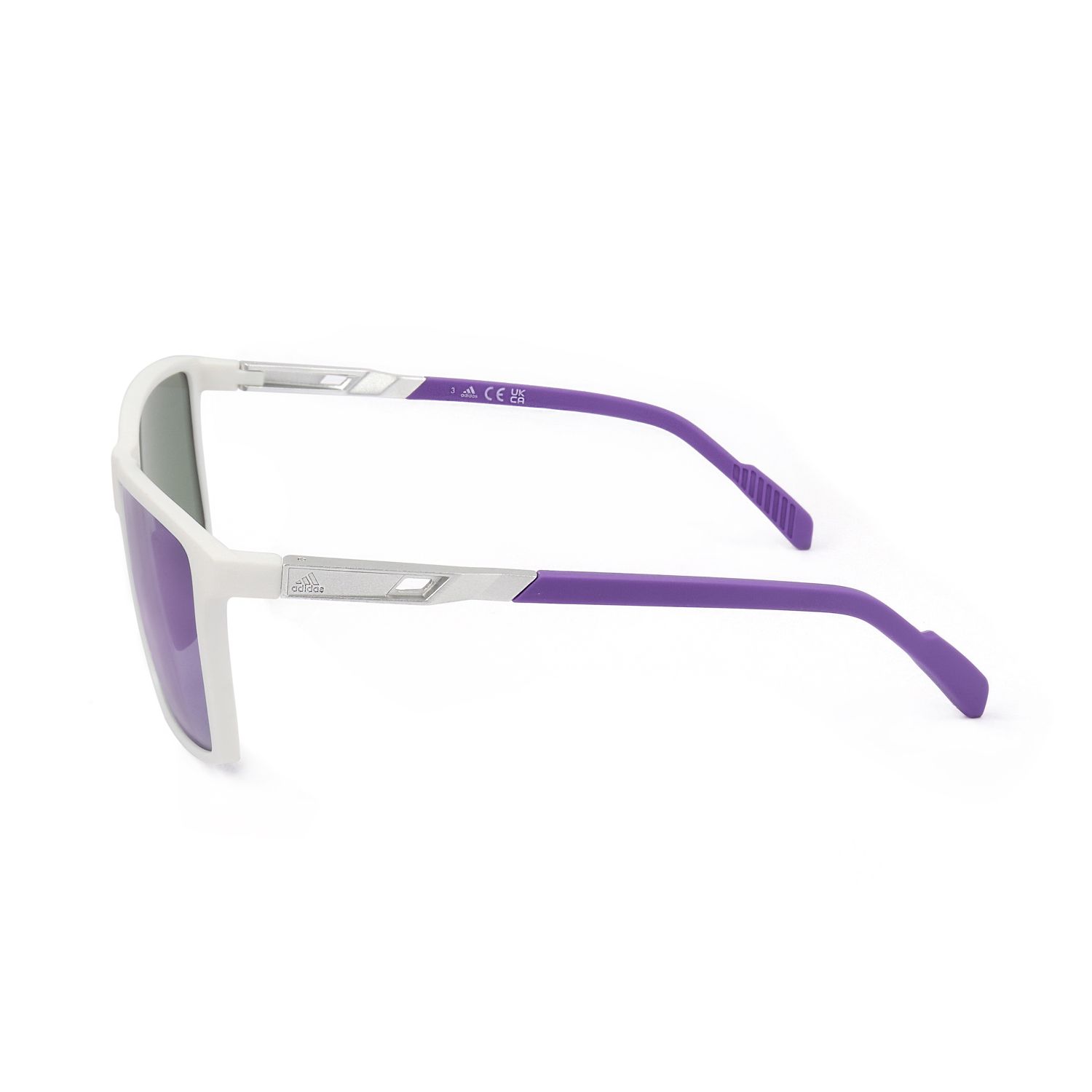 Occhiali da sole bianchi con aste viola e accenti argentati. Marchio CE visibile.