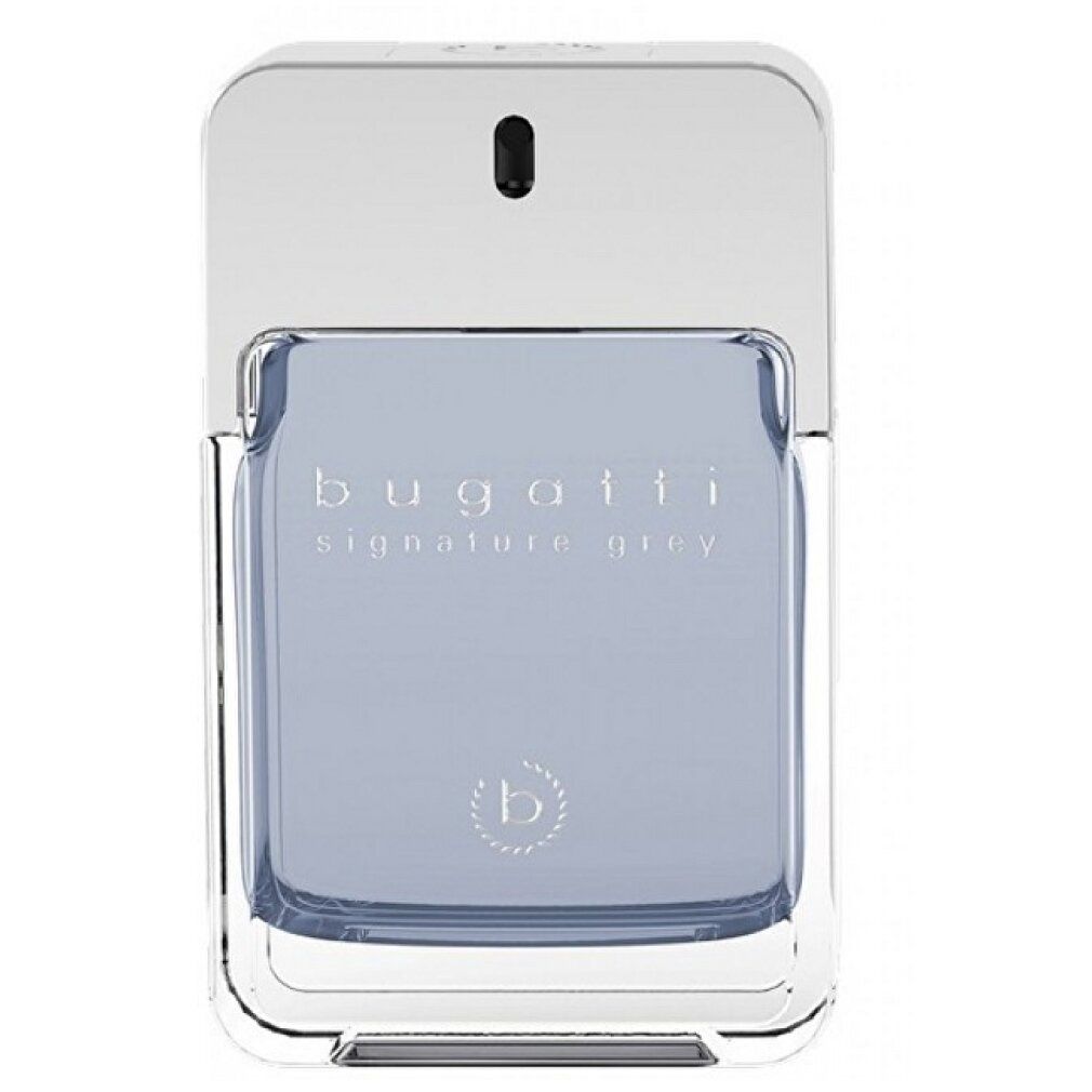 Bugatti Signature Grey Eau de Toilette. Flacone rettangolare con tappo argentato. Liquido grigio. Logo.