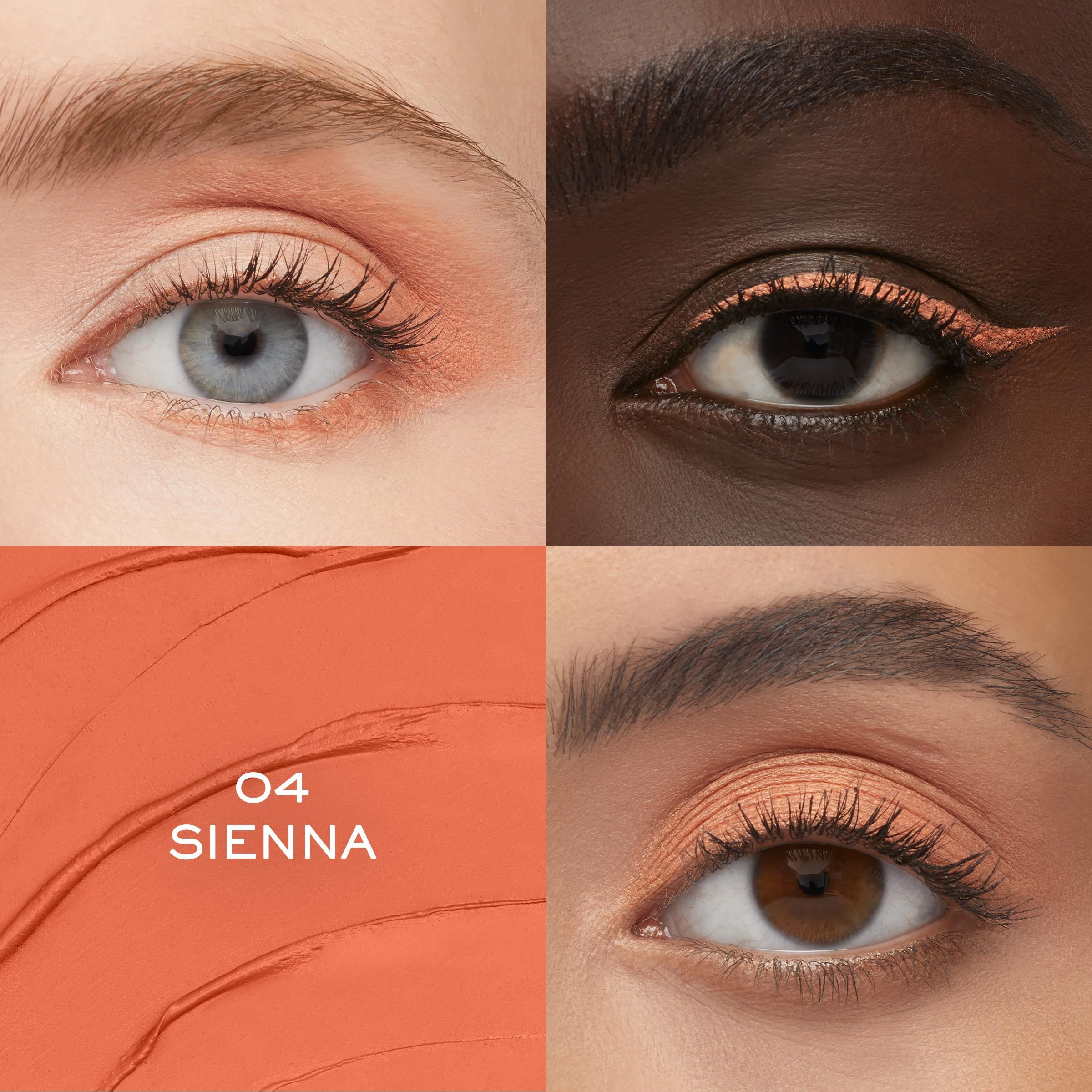 Quattro occhi con IDÔLE TINT Ombretti e Liner Liquidi 2in1. Palpebra e riga di eyeliner arancione. Testo: 04 SIENNA.