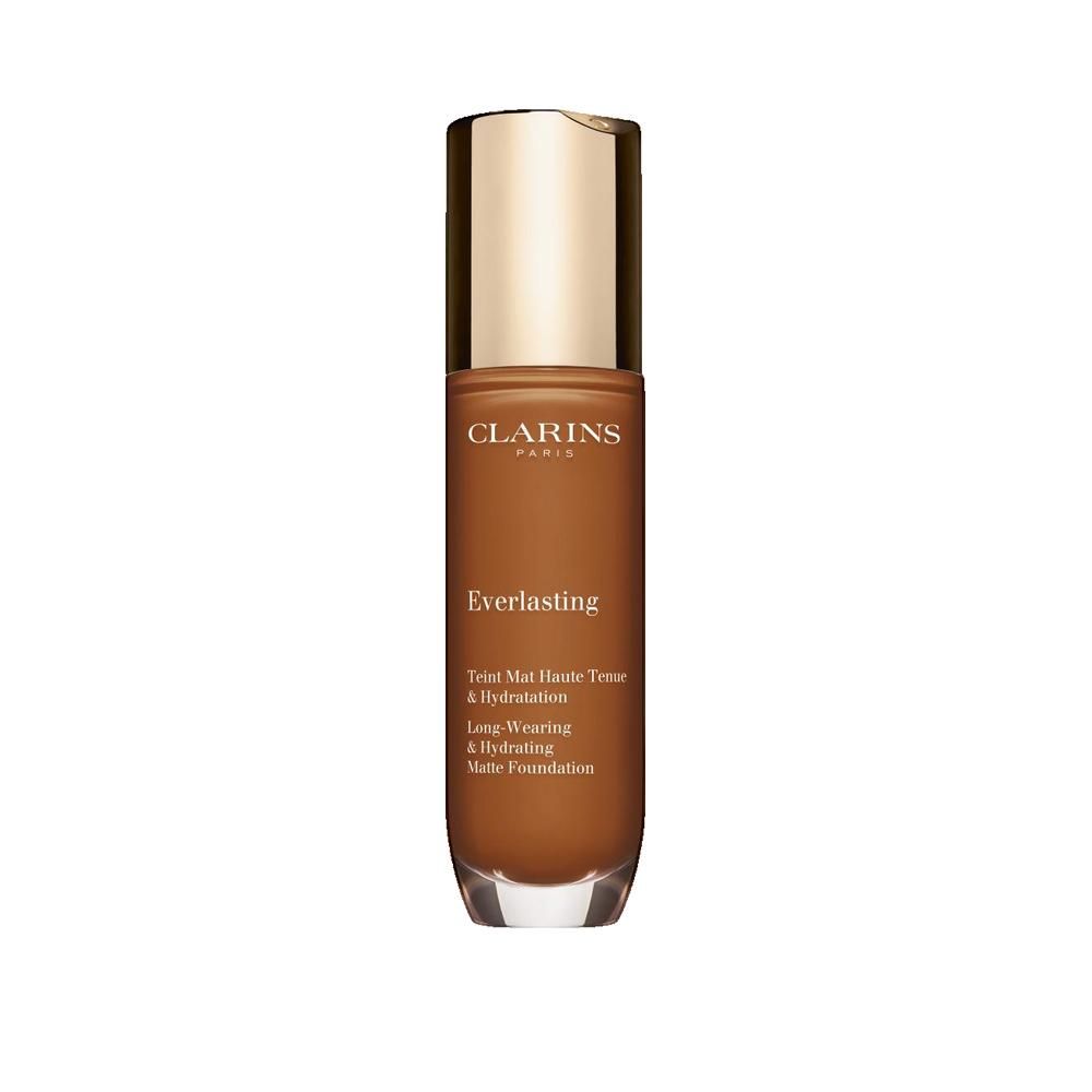 Fondotinta liquido in bottiglia di vetro con tappo dorato. Scritta: EVERLASTING, Teint Mat Haute Tenue & Hydratation.