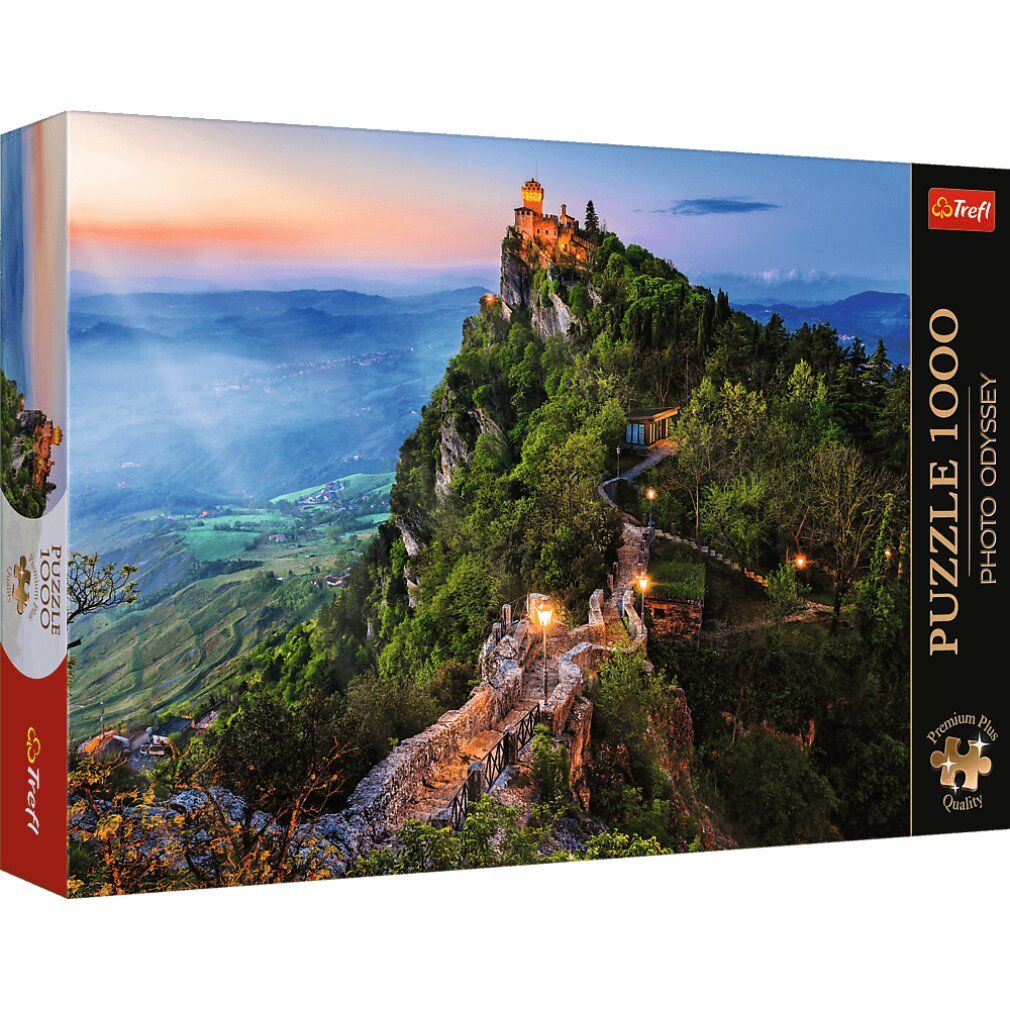 Scatola puzzle con paesaggio. Marca Trefl, puzzle 1000 pezzi, Premium Plus Quality. Montagna con castello.