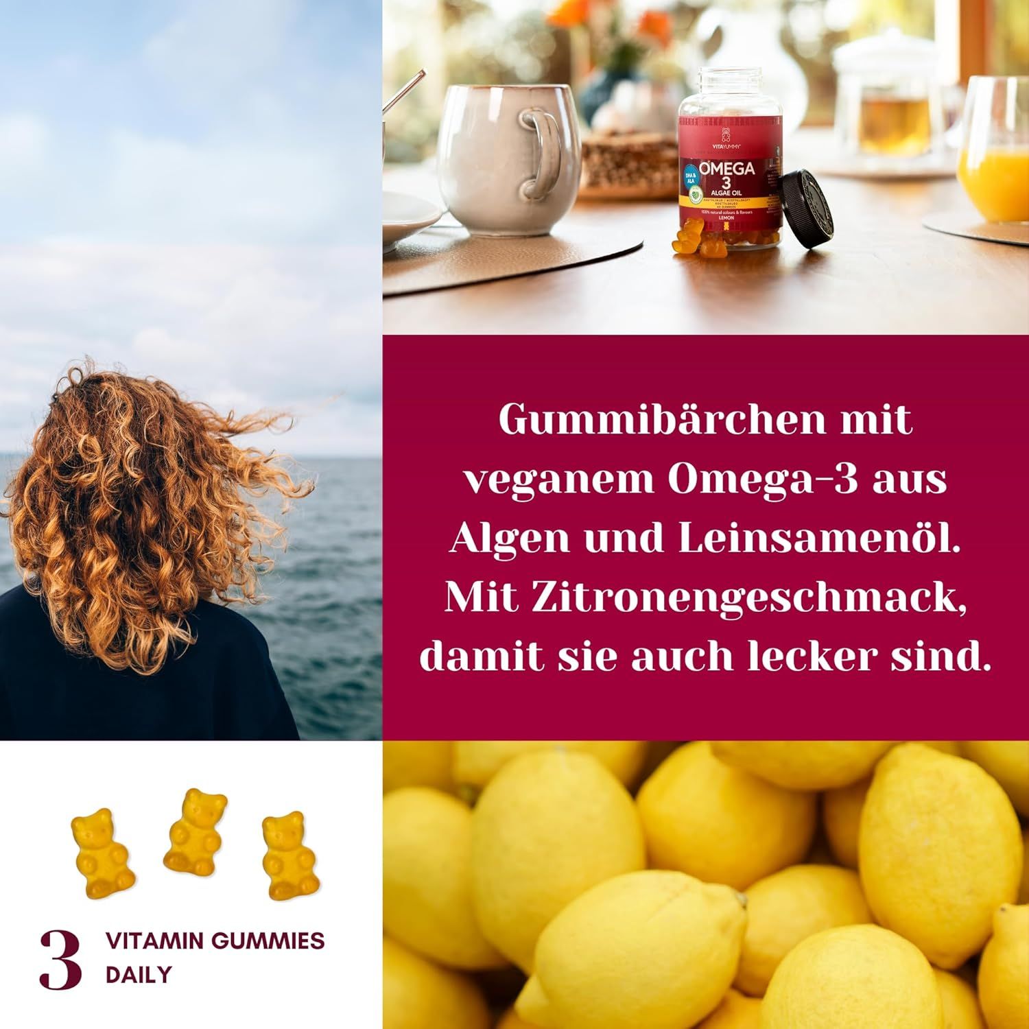 Gommose con Omega-3 vegano. Testo: 3 Vitamin Gummies Daily. Flacone di Omega 3. Limoni e mare.