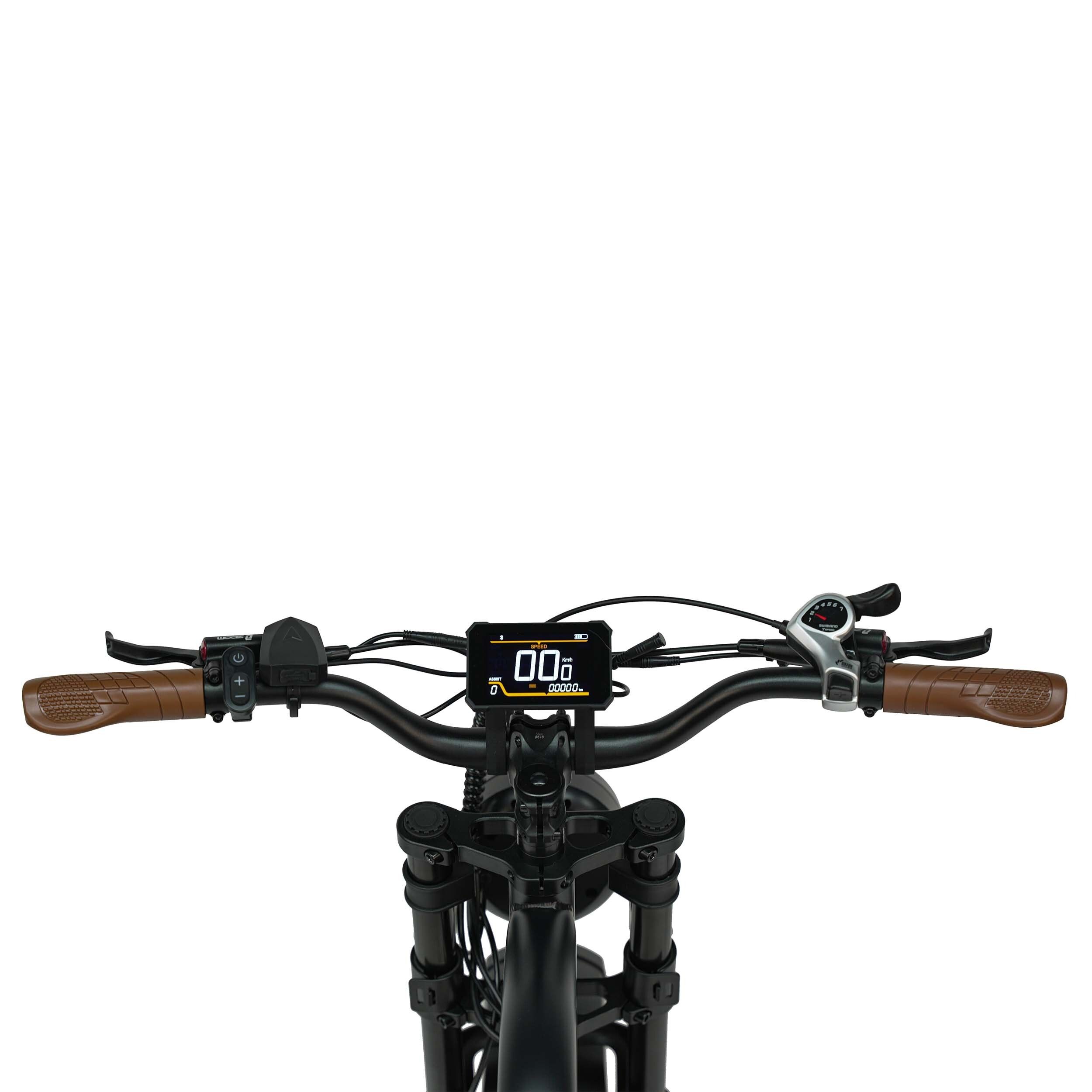 Manubrio di e-bike nera. Manopole marroni, display, comandi.