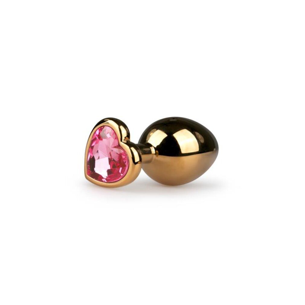 Tappo anale dorato con strass a forma di cuore rosa.