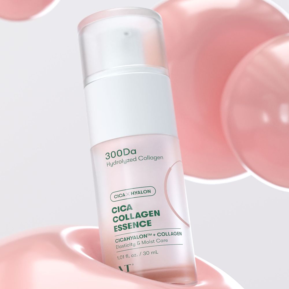 Flacone di essenza con scritta "300Da Hydrolyzed Collagen" e "Cica Collagen Essence". Sfondo rosa con palloncini.