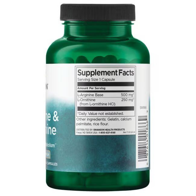 Retro di un flacone verde. Etichetta bianca con informazioni nutrizionali. Contiene L-Arginina e L-Ornitina.