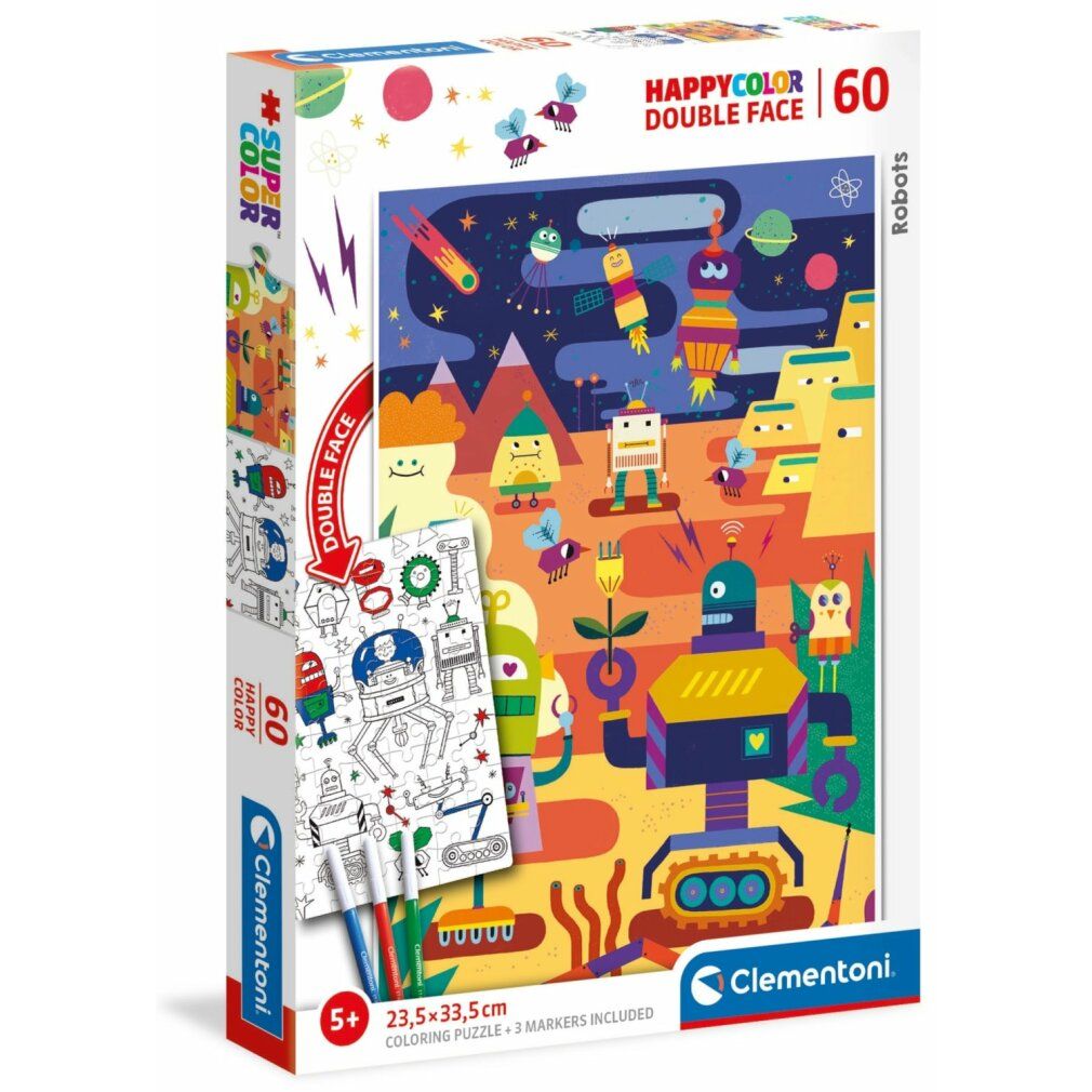 Scatola puzzle Clementoni. Happy Color Double Face, 60 pezzi. Illustrazione di robot. Include un'immagine da colorare e 3 pennarelli. Dai 5 anni.