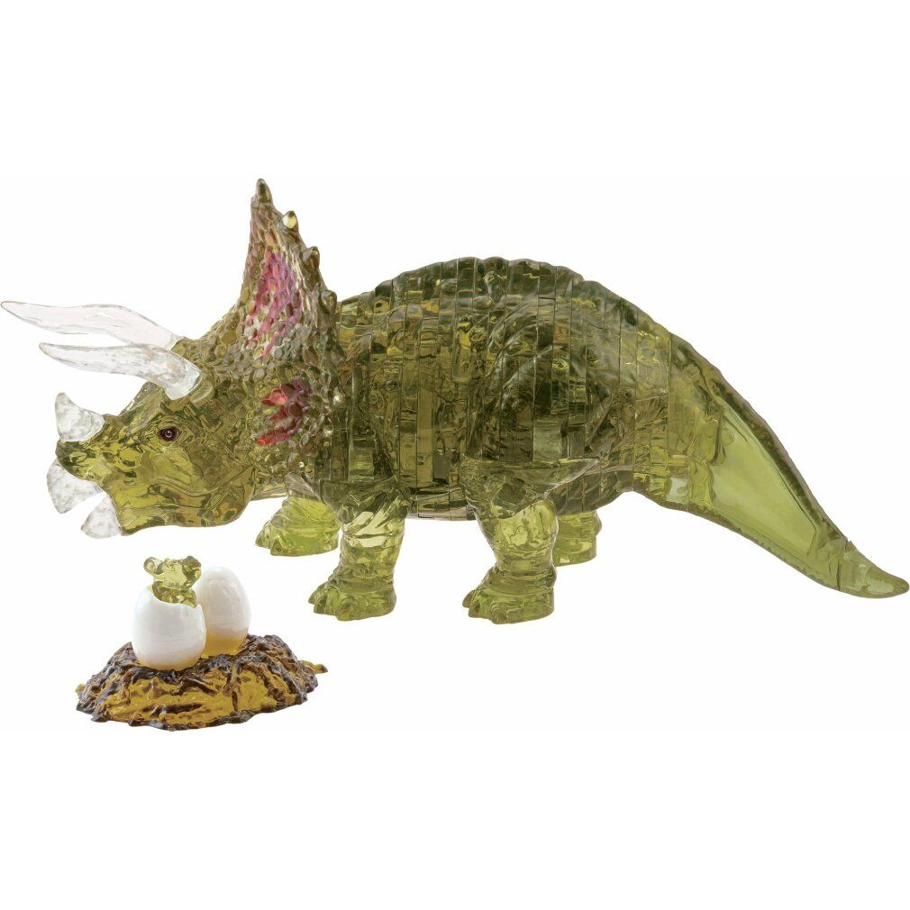 Puzzle di cristallo Triceratopo con bambino. Dinosauro verde trasparente, due uova in un nido. 61 pezzi.