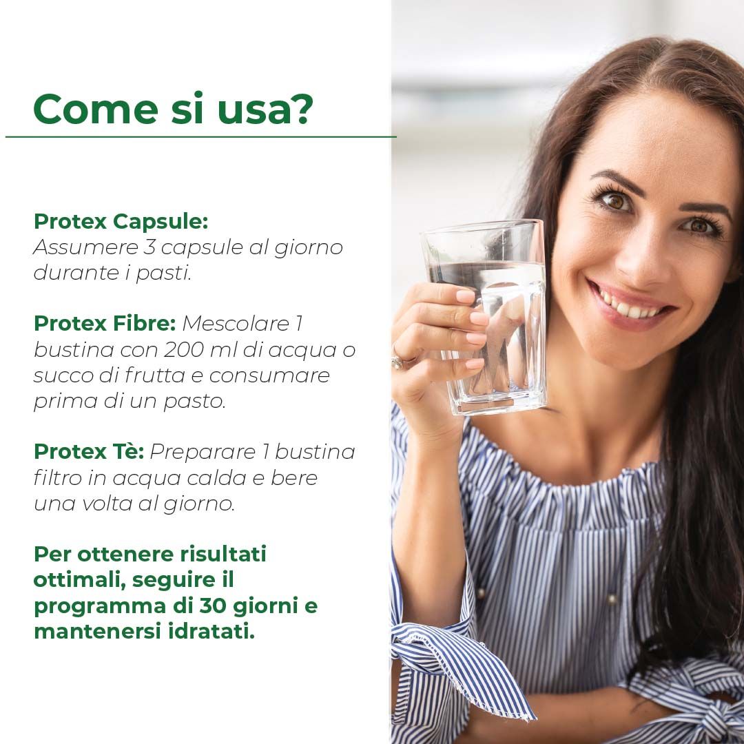 Istruzioni per l'uso di Protex. Donna con bicchiere d'acqua. Testo italiano.