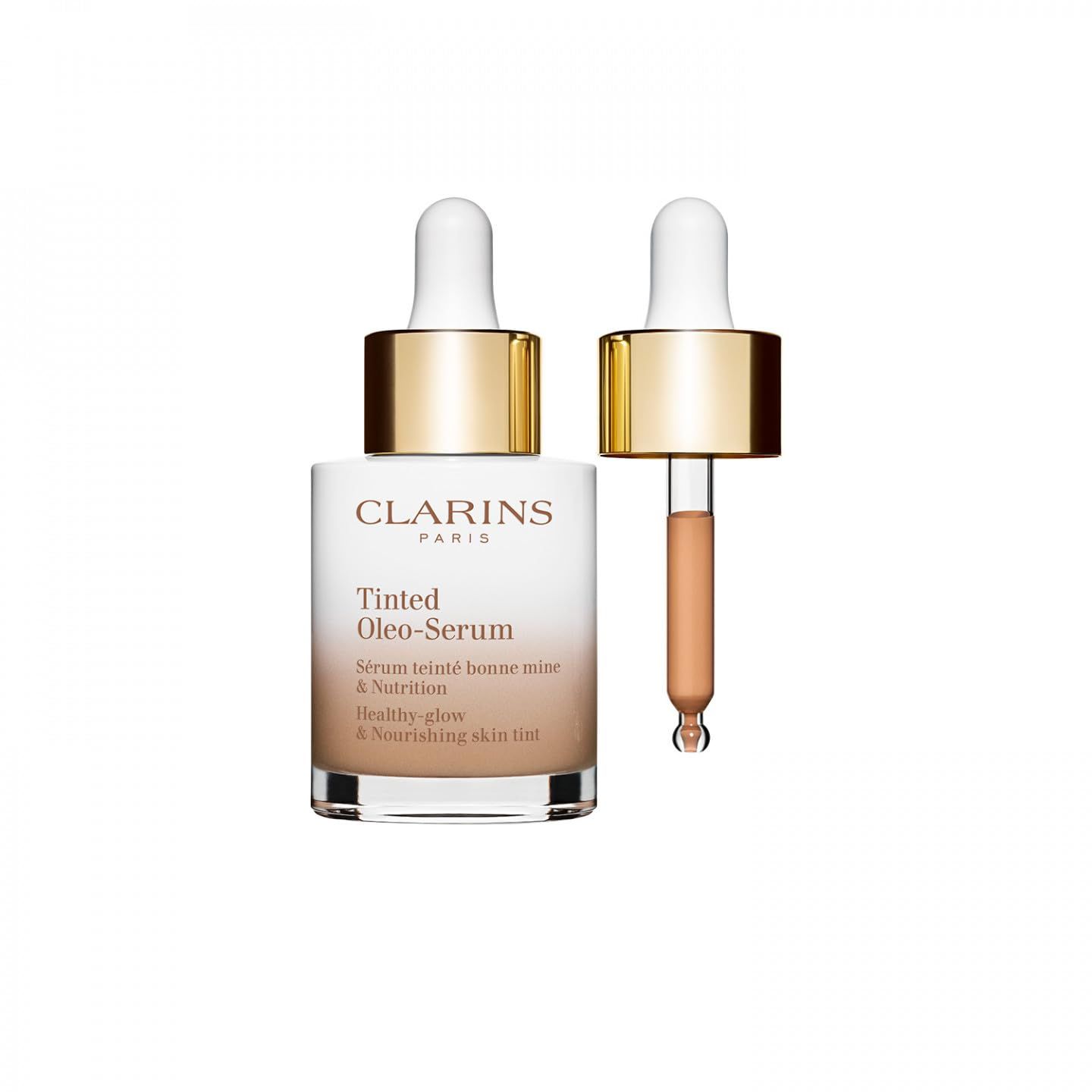 Clarins Siero Oleo-Tinto. Flacone con contagocce e contagocce separato. Tappo oro. Sfumatura da chiaro a marrone.
