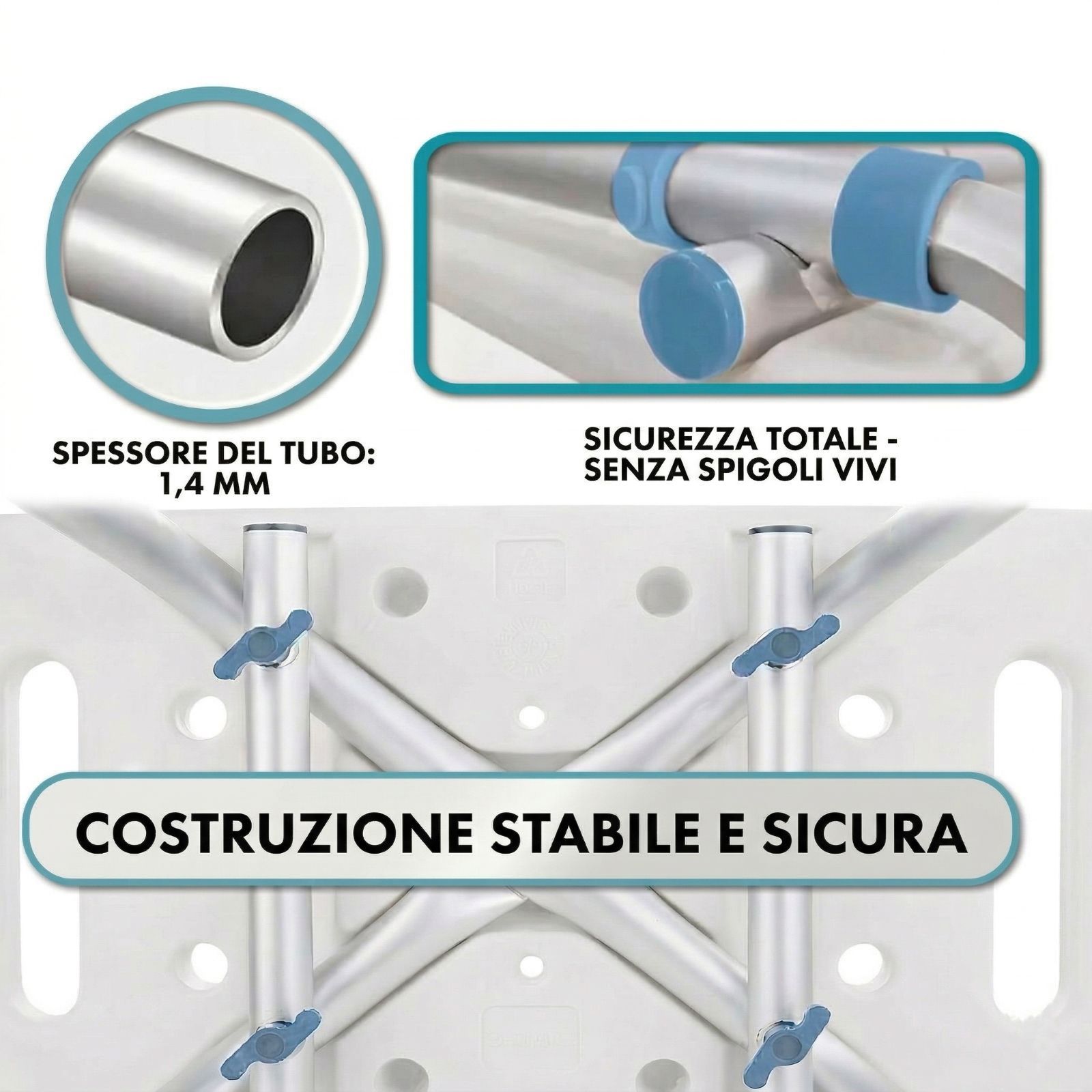 Sedia da doccia con schienale. Costruzione stabile e sicura. Spessore del tubo 1,4 mm.