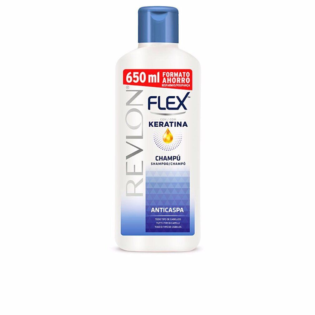 Flacone bianco di shampoo antiforfora Revlon Flex, 650 ml. Contiene cheratina. Tappo ed etichetta blu "Formato Ahorro".