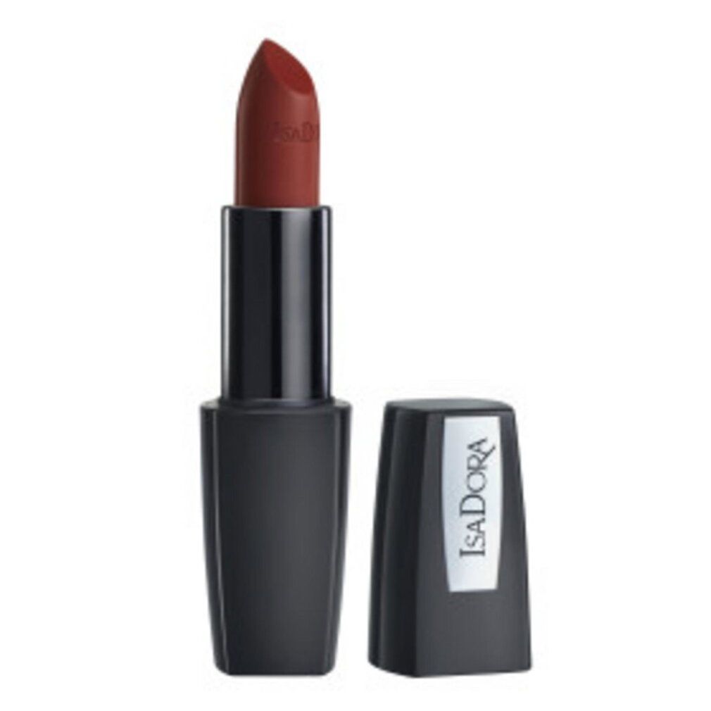 Rossetto IsaDora Perfect Matt, rosso-marrone opaco, astuccio nero, tappo accanto.