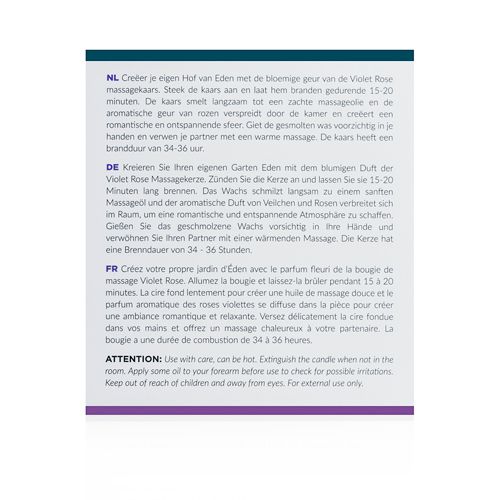 Testo con informazioni multilingue sul prodotto. Istruzioni e ingredienti. Testo: Violet Rose, candela da massaggio, ingredienti.