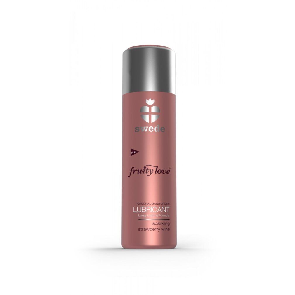 Flacone rosa con tappo argentato. Scritta Fruity Love, Lubricant, Strawberry Wine. Logo: corona con cuore.