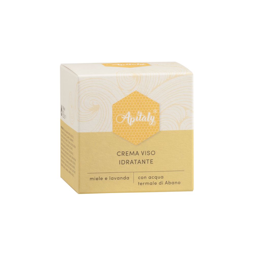 Confezione in cartone con etichetta gialla. Testo: CREMA VISO IDRATANTE, logo Apitaly. Miele e lavanda. Con acqua termale.