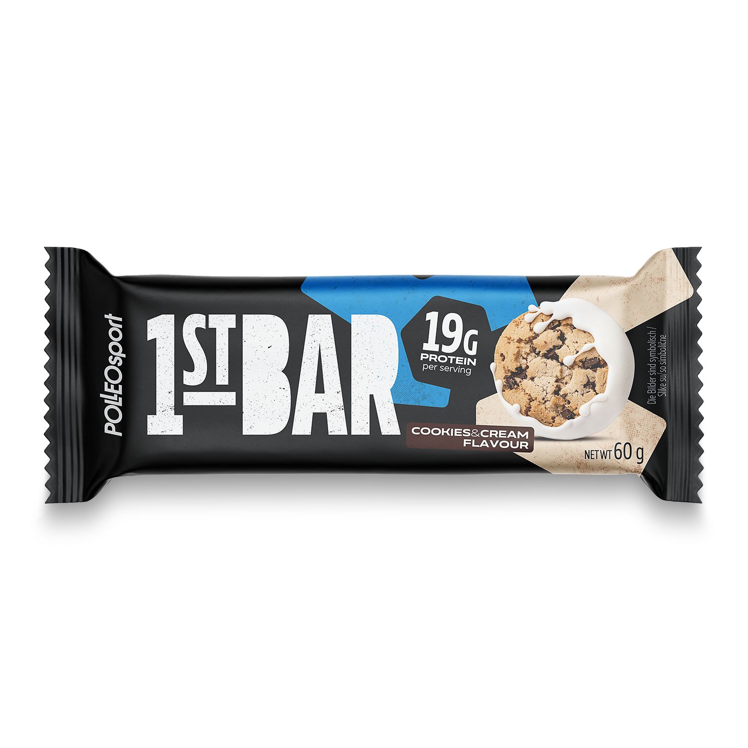Barretta proteica "1ST BAR" gusto Cookies & Cream. 19g proteine per porzione. Peso netto: 60g. Marchio: PolleoSport.