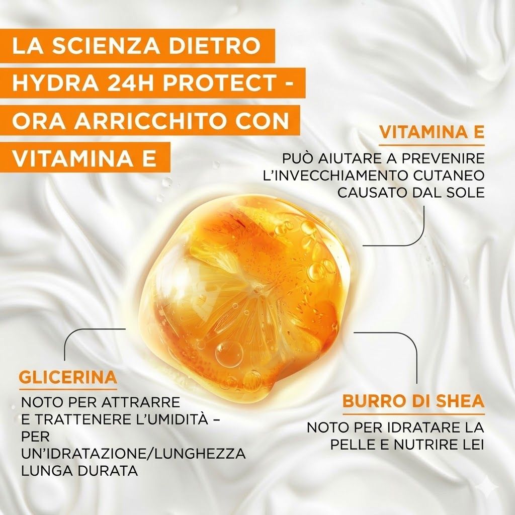 Garnier Ambre Solaire Hydra Protect+. Testo: Scienza. Arricchito con vitamina E. Glicerina, burro di karité. Può prevenire l'invecchiamento cutaneo.