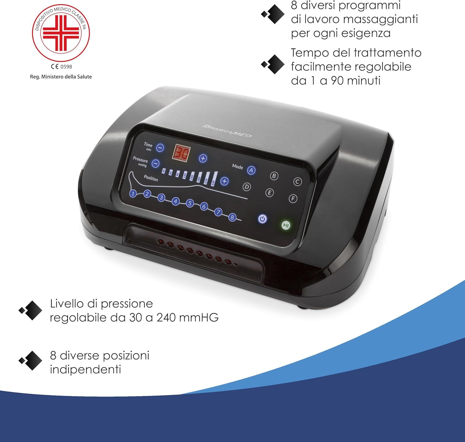 Dispositivo di massaggio nero con display digitale che mostra programmi, tempo e pressione. Certificato CE.