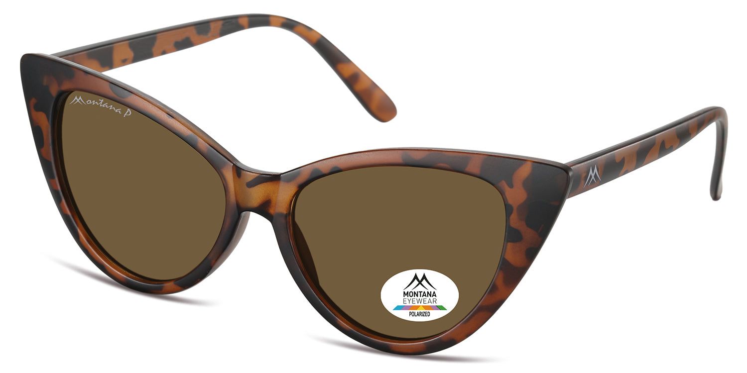 Occhiali da sole marroni con montatura fantasia marrone. Logo Montana Eyewear sulla lente e sull'asta.