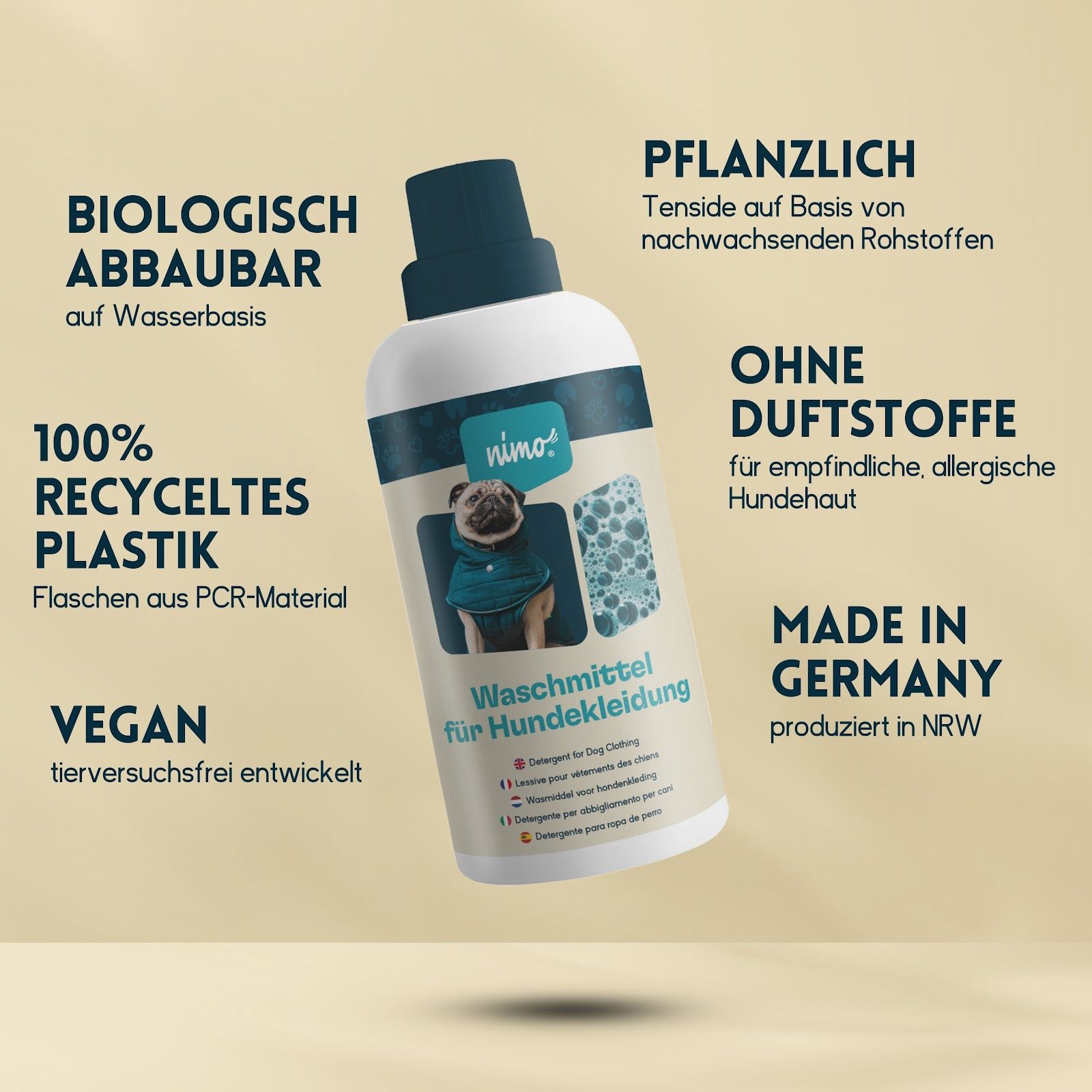 Bottiglia bianca, tappo blu. Testo: Waschmittel für Hundebekleidung. Scritta: 100% plastica riciclata, vegana, biodegradabile, senza profumo.