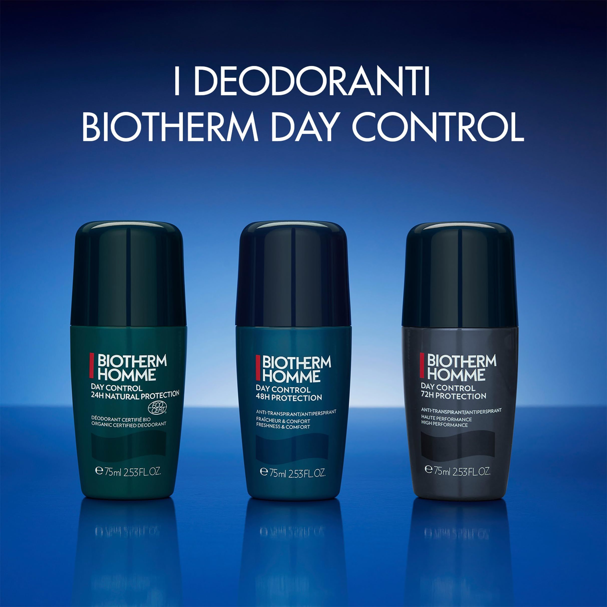 Tre roll-on deodoranti. BIOTHERM HOMME DAY CONTROL. 24H, 48H, 72H PROTECTION. 75 ml.